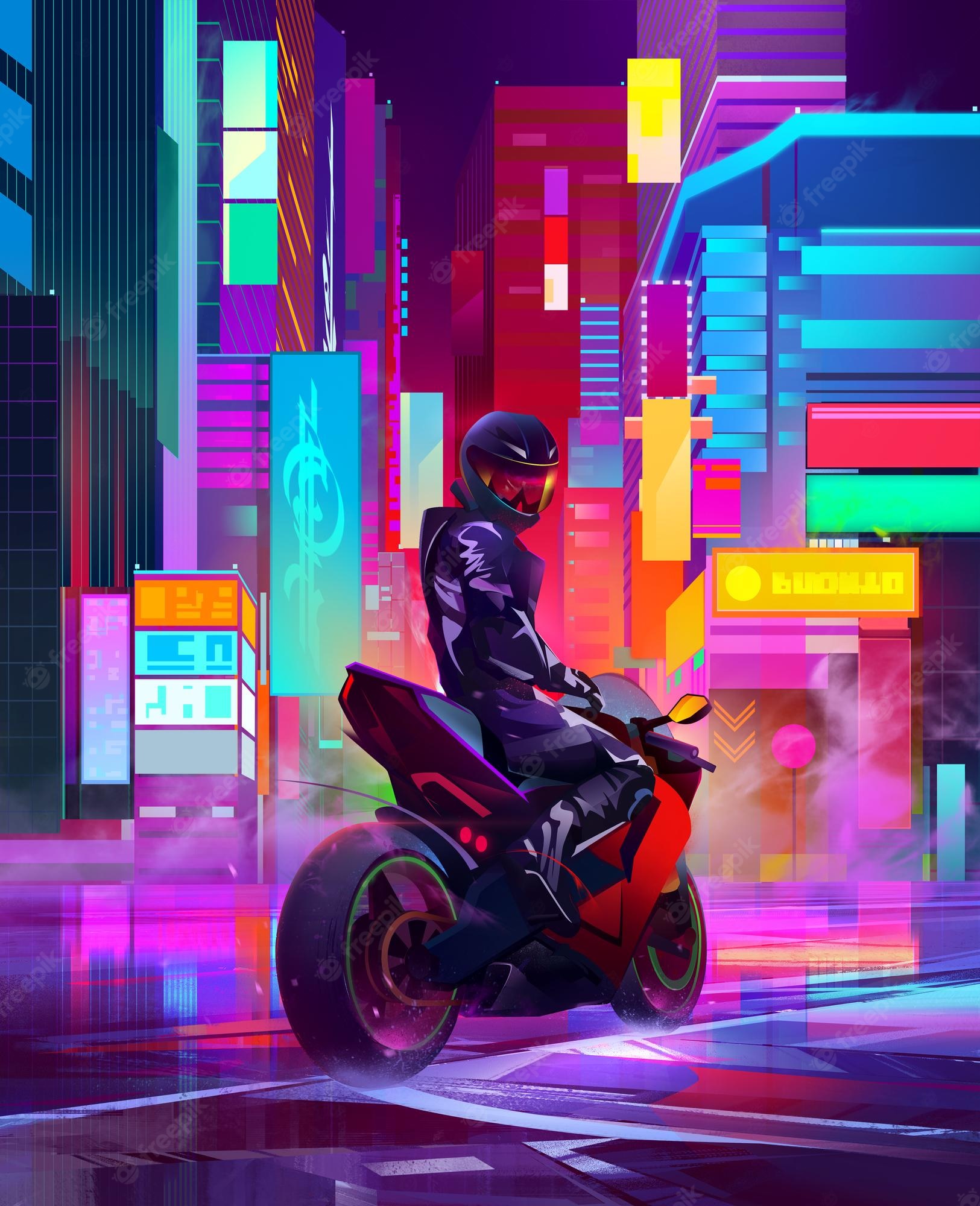 Premium Photo. Drawn racer on a motorcycle in a night bright city