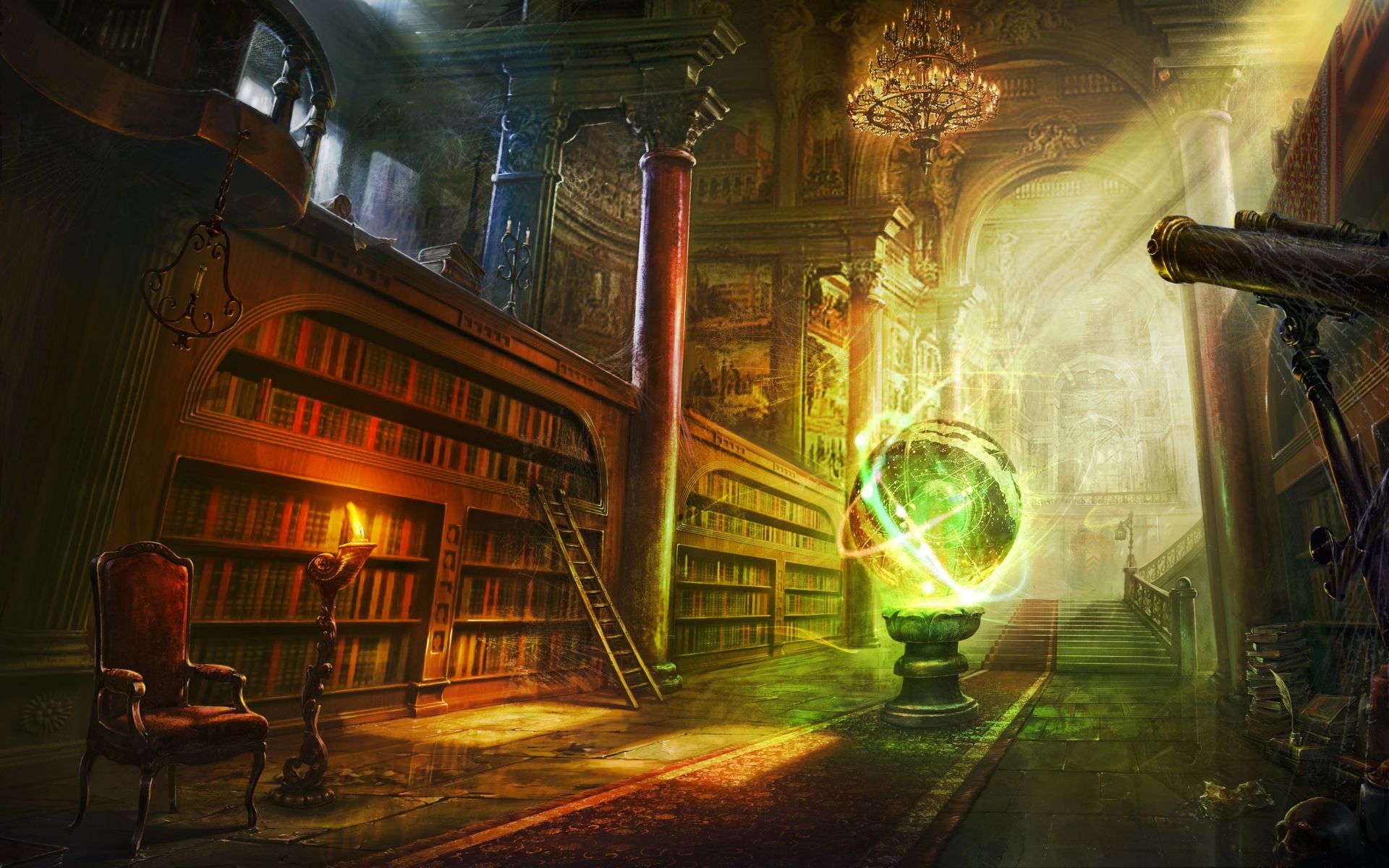 The temple of knowledge. Magic library with a glowing ball wallpaper