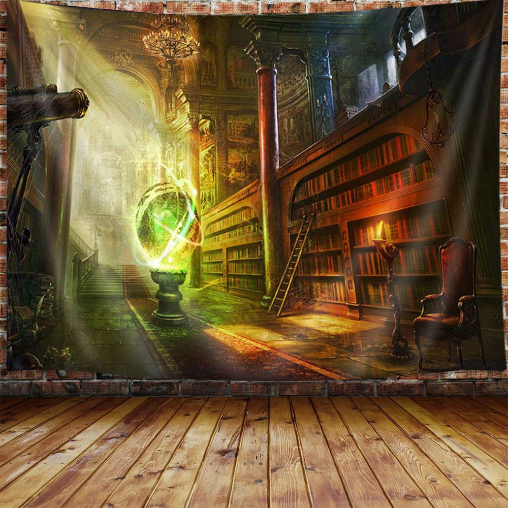 JAWO Magic Library Tapestry Wall Hanging, Ancient Library and Magic Crystal Ball Fantasy World Tapestries for Dorm Living Room Bedroom, Wall Blanket Beach Towels Home Decor, Home & Kitchen