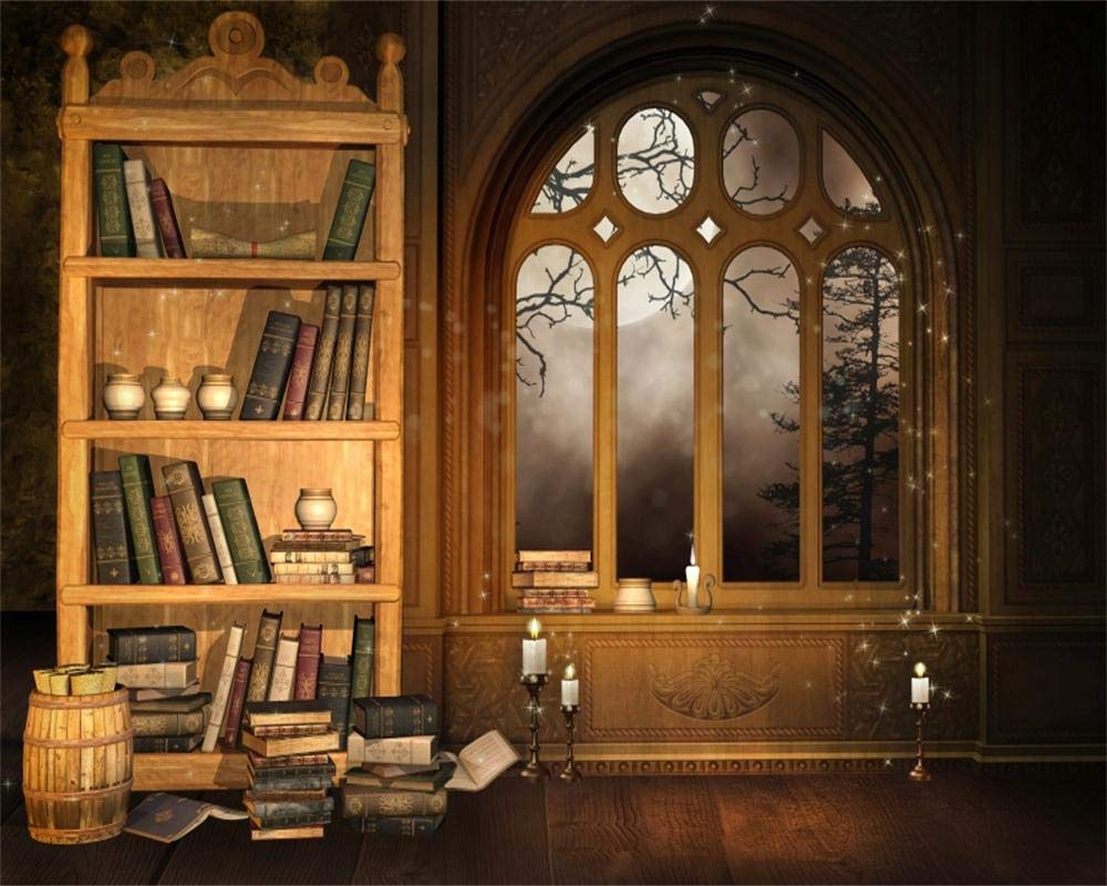 Amazon.com, OFILA Vintage Library Backdrop 10x8ft Magic Books Glitters Candles Enchanted Books Inteiror Wallpaper Decoration Treasure Kids Fantasy Theme Birthday Party Background Children Photo Video Props