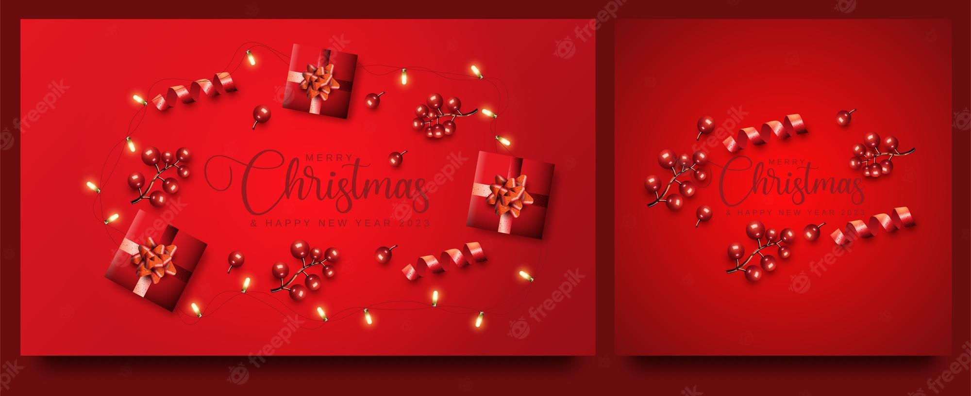 Premium Vector. Merry christmas and happy new year 2023 with cherry and ribbon on red background