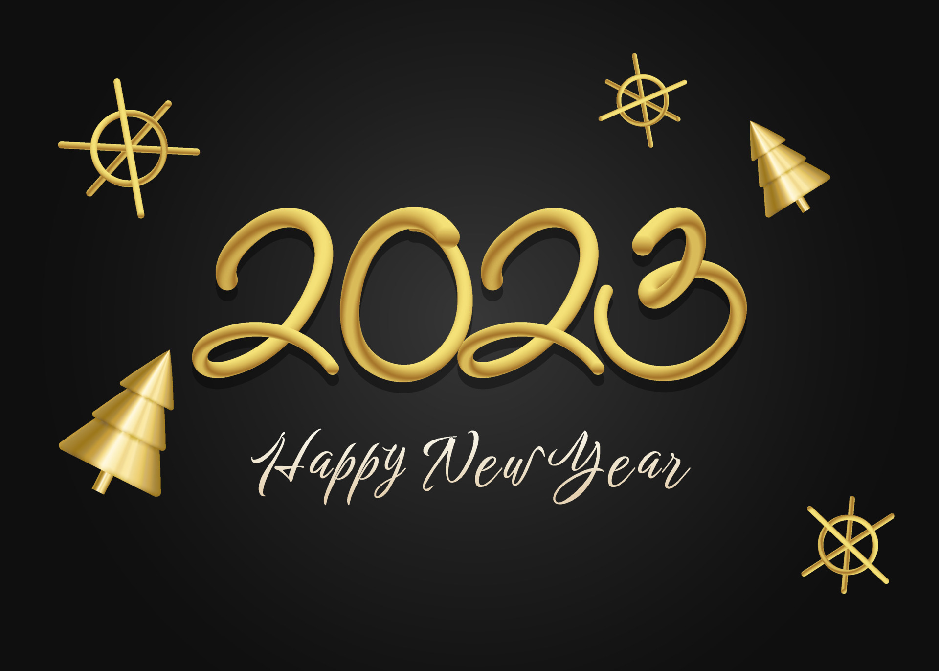 Happy new year 3D 2023 greeting wallpaper vector. Merry Christmas design greeting text with christmas decor snowflakes, 3D golden pine on a black background with luxury gold