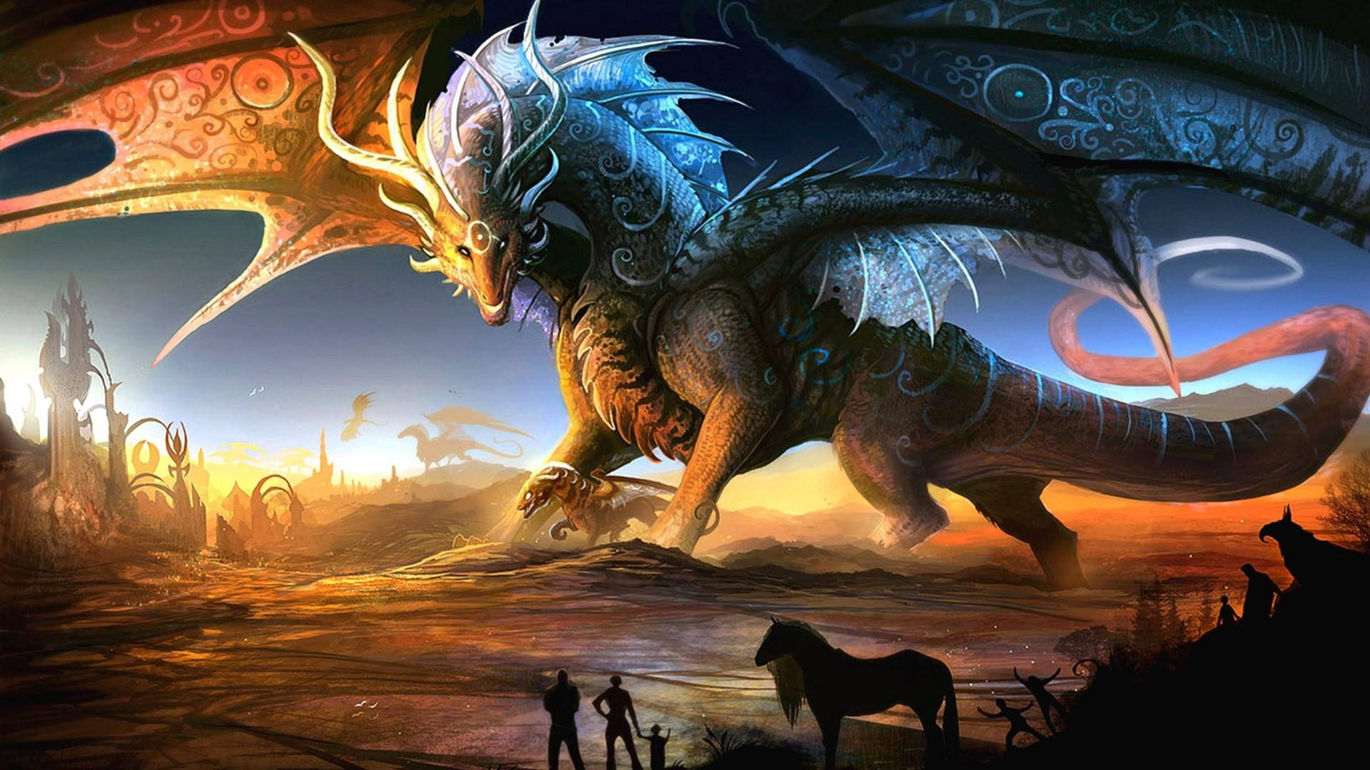 Download Orange Blue Dragons Mythical Creatures Wallpaper