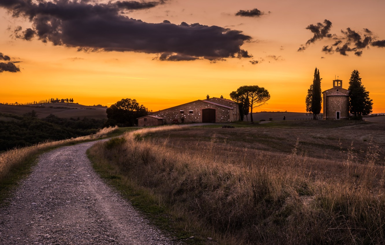 Wallpaper road, sunset, farm image for desktop, section природа
