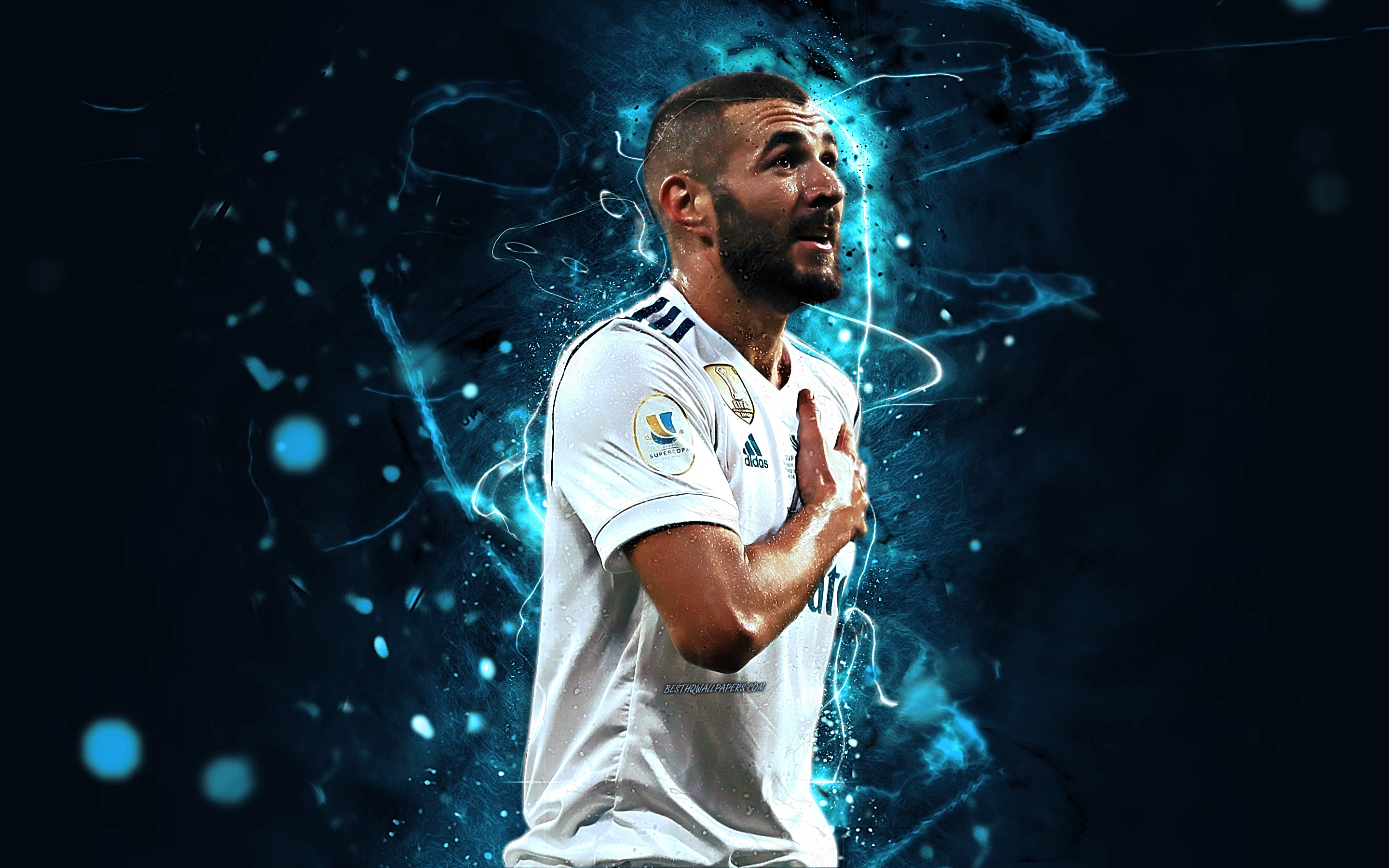 Download wallpaper Karim Benzema, french footballers, neon lights, Real Madrid FC, soccer, Benzema, football, La Liga, football stars for desktop with resolution 2880x1800. High Quality HD picture wallpaper