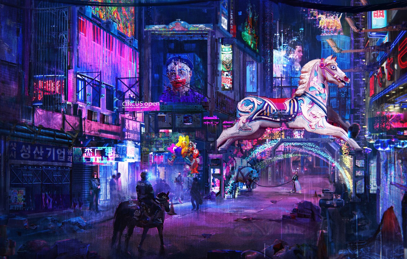 Wallpaper the city, fiction, street, horse, advertising, signs, cyberpunk image for desktop, section фантастика