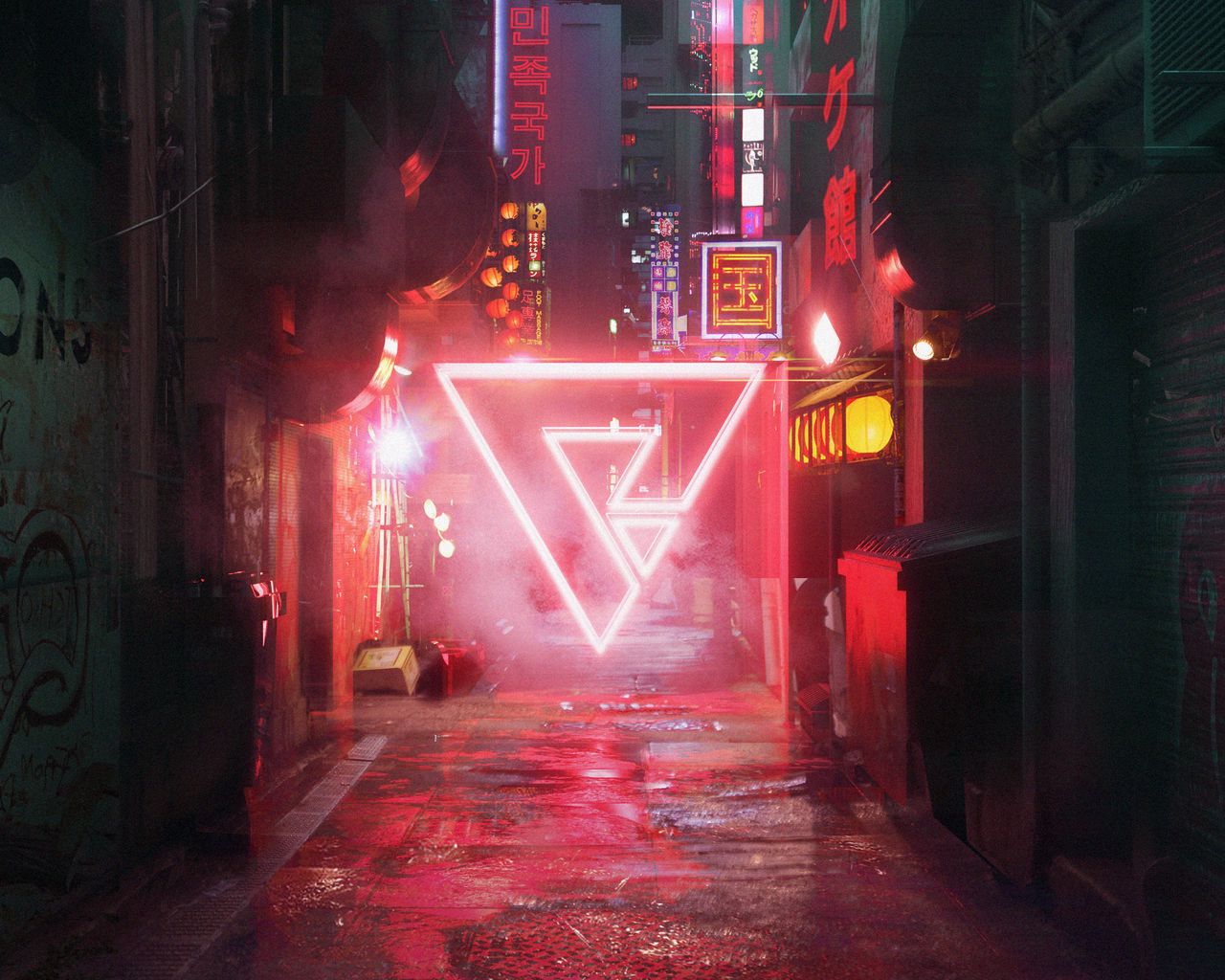 Download wallpaper 1280x1024 street, triangle, cyberpunk, neon standard 5:4 HD background
