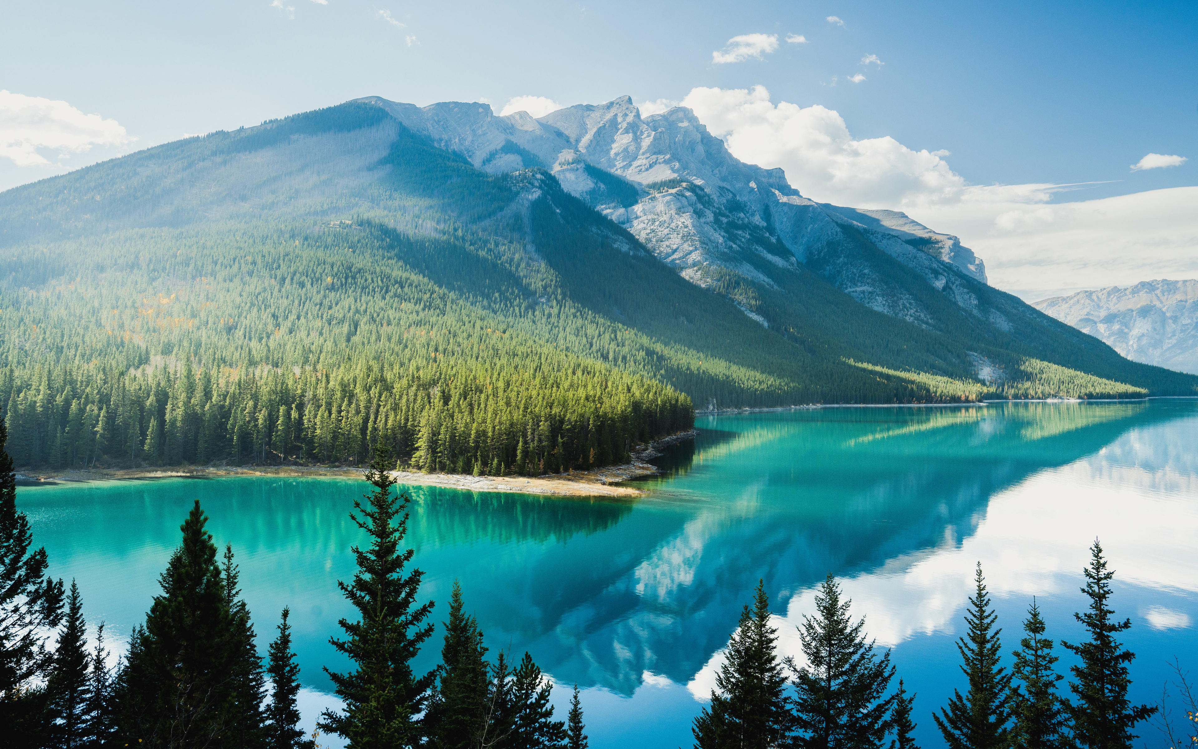 Download wallpaper Lake Minnewanka, Banff, 4k, mountains, winter, Banff National Park, Canada, Alberta for desktop with resolution 3840x2400. High Quality HD picture wallpaper