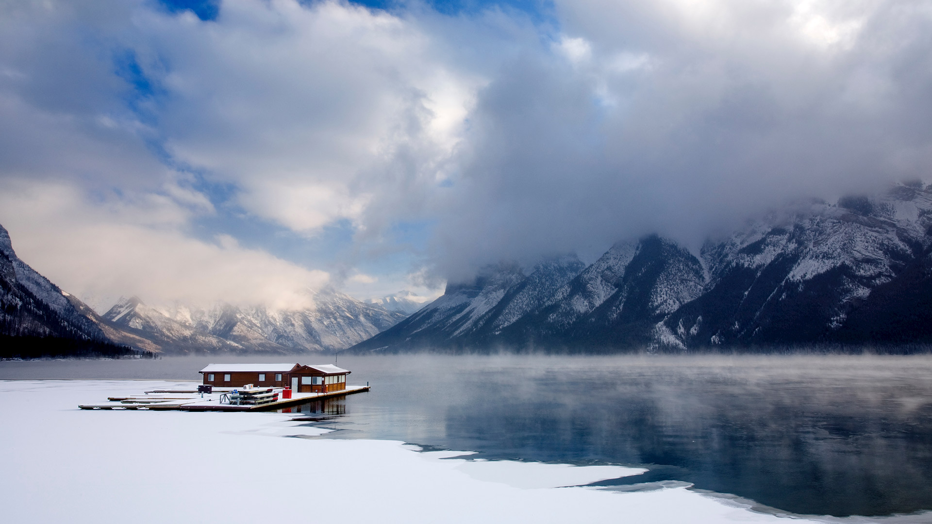 Boathouse on Lake Minnewanka in Banff National Park, Alberta