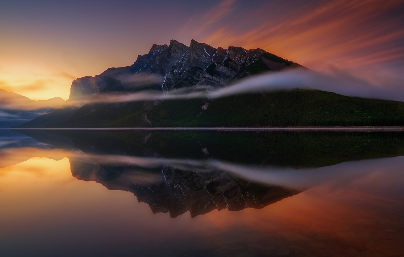 Wallpaper winter, light, fog, lake, the evening, morning, Canada, Alberta, Canadian Rockies, Minnewanka, Banff National Park image for desktop, section пейзажи