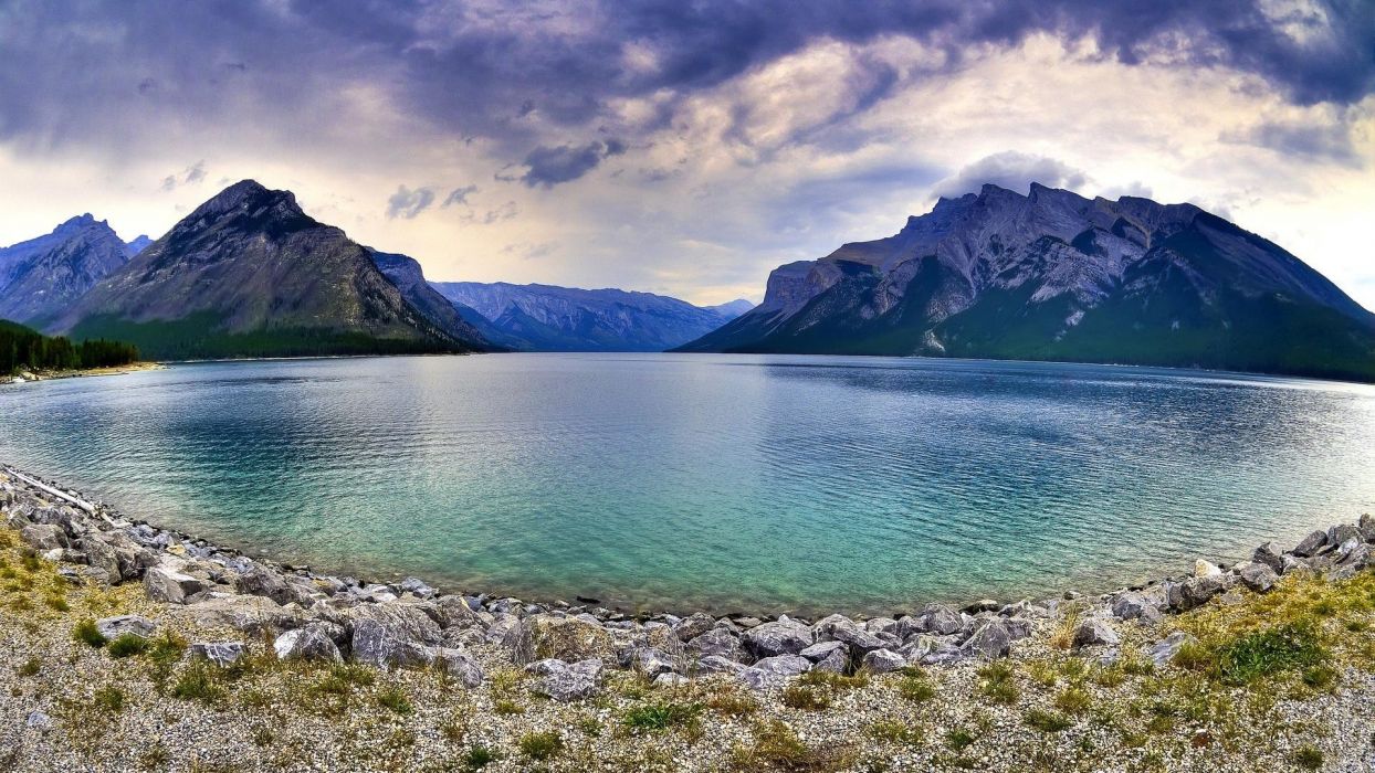 Mountains Rocks Lake Alberta Wallpaperx1080