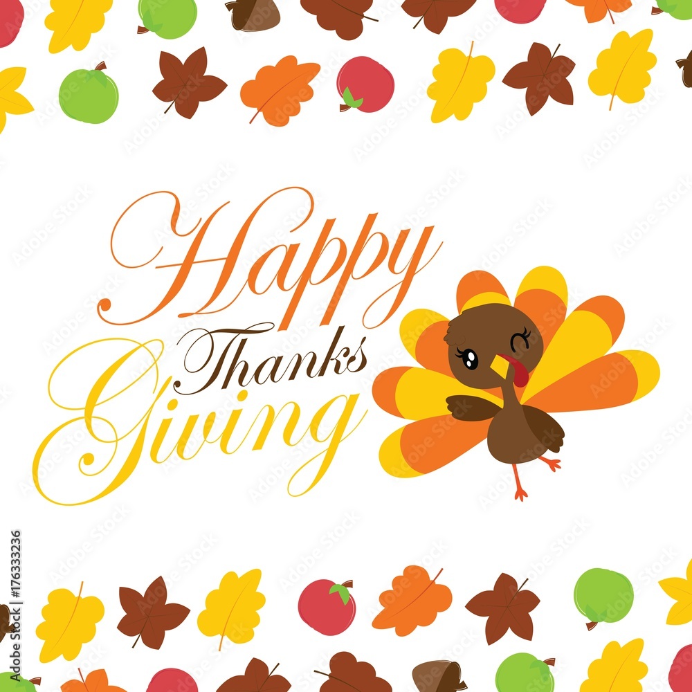Cute turkey girl says happy thanksgiving vector cartoon illustration for thanksgiving's day card design, wallpaper and greeting card Stock Vector