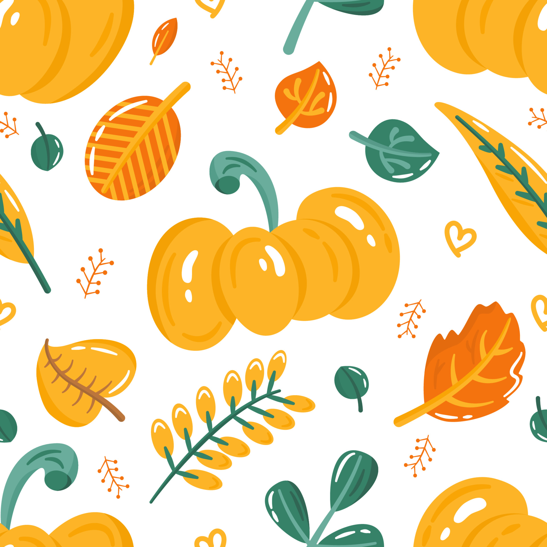 Autumn seamless pattern with cute colorful pumpkin and leaves. Cartoon fall elements for fabric, textile, wrapping paper, wallpaper