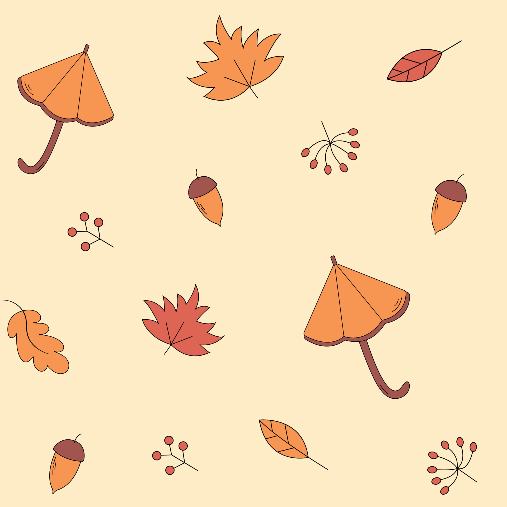 Vector cartoon autumn leaves and umbrellas seamless pattern, cute doodle wallpaper image on yellow background, hello autumn pattern