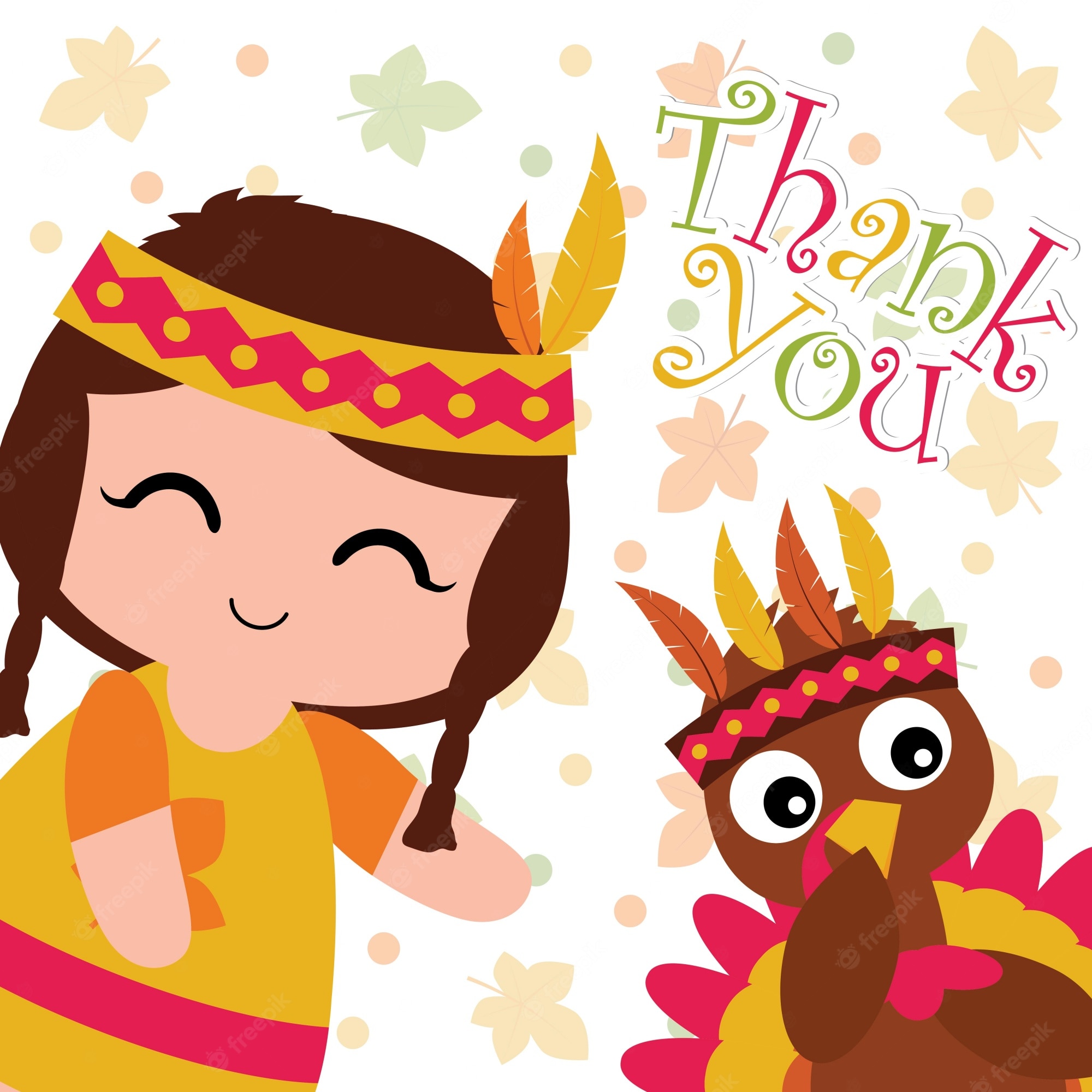 Premium Vector. Vector cartoon illustration with cute indian girl and turkey on maple leaves background suitable for happy thanksgiving card design, thanks tag, and printable wallpaper