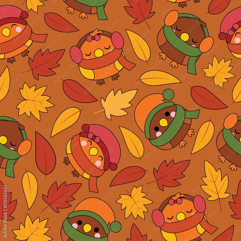 Seamless pattern with cute birds and maple leaves on brown background vector cartoon suitable for autumn wallpaper design, scrap paper and kid fabric clothes background Stock Vector