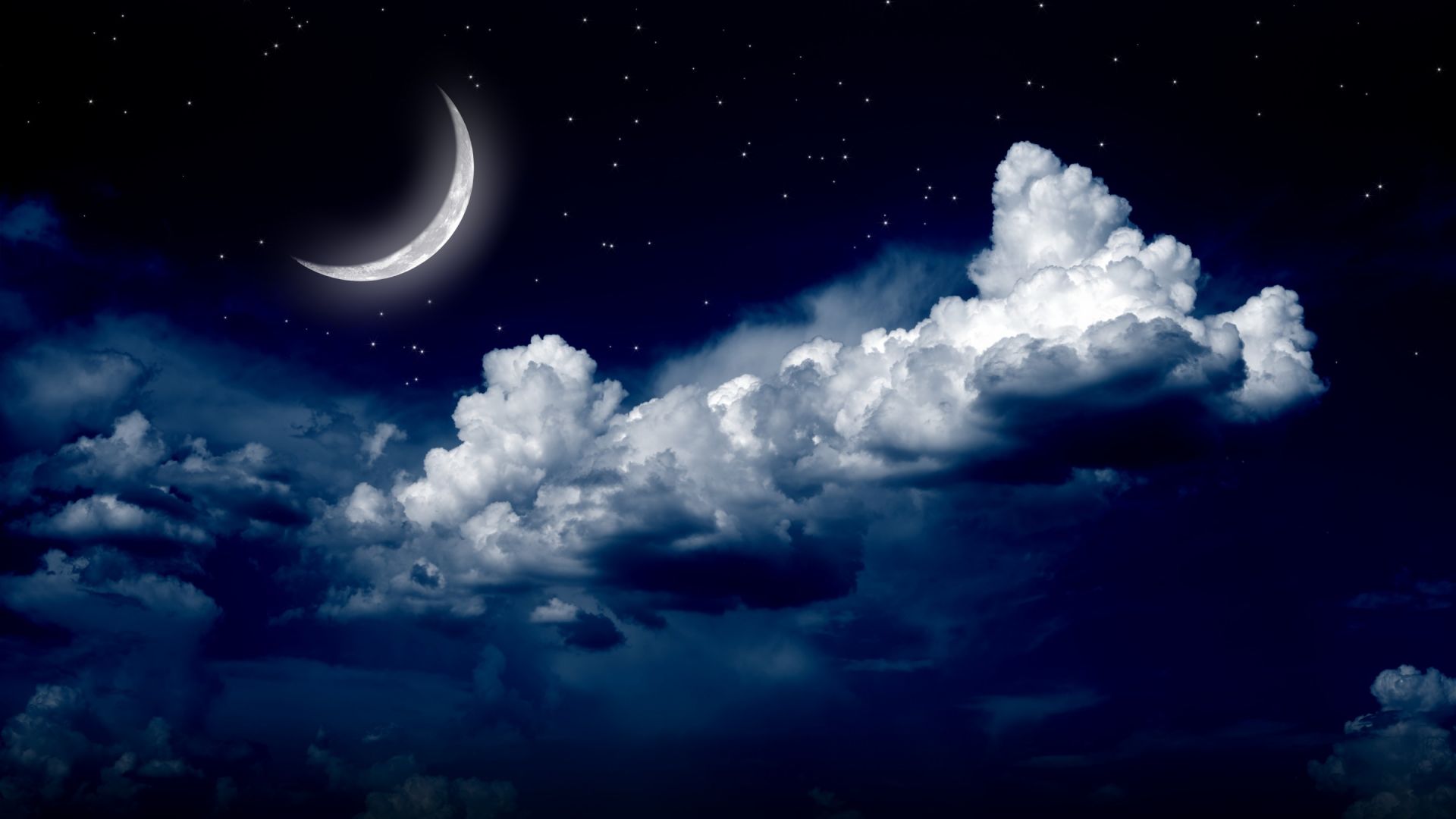 Desktop Wallpaper Moon, Stars And Clouds In Night, HD Image, Picture, Background, Ii6g3q