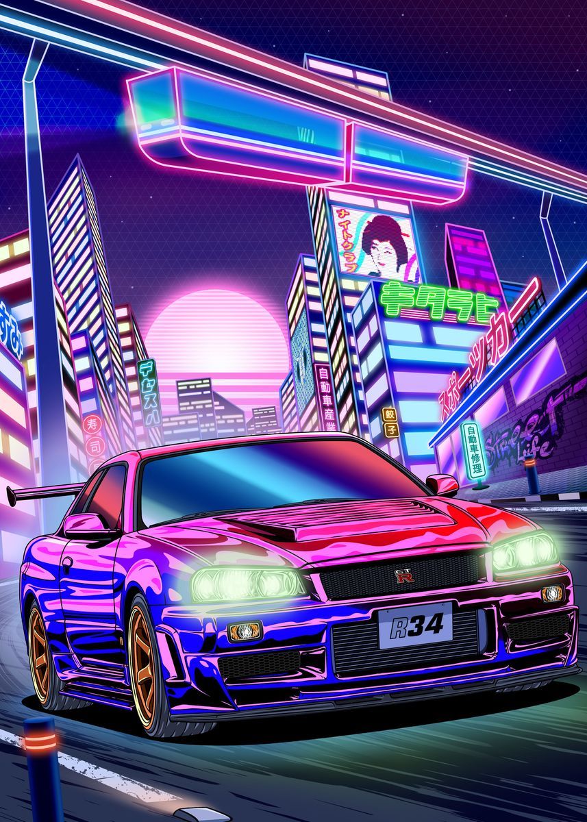 Nissan GTR R34 Neon Night' Poster by Navin Guyvit. Displate. Nissan gtr skyline, Nissan gtr r Nissan gtr