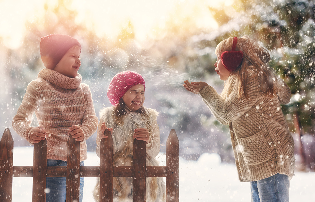 Wallpaper Little girls Boys Joy Children Winter Winter hat Snow