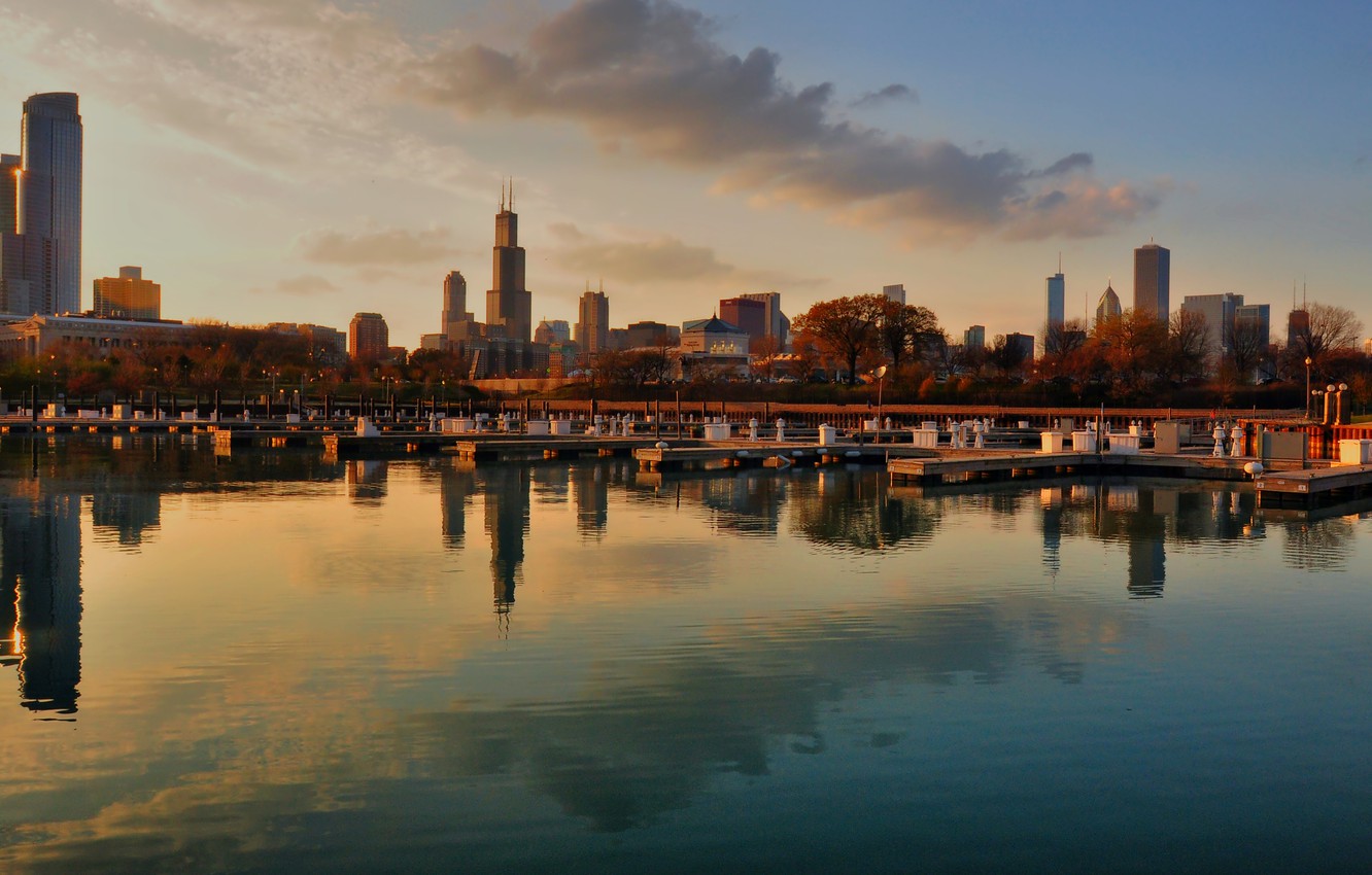 Wallpaper autumn, the city, Bay, skyscrapers, the evening, pier, Chicago, Chicago, panorama image for desktop, section город