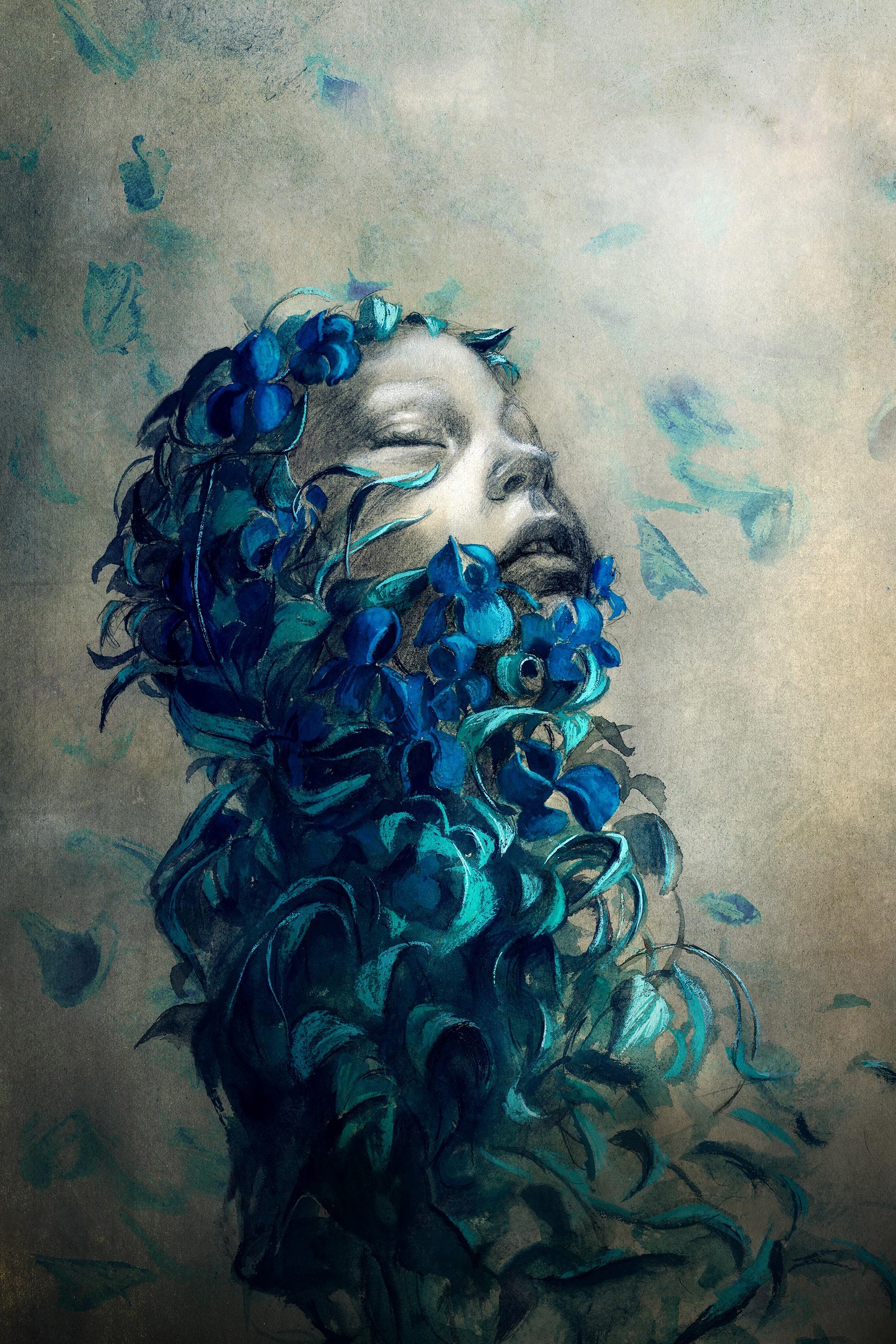 face, Closed eyes, Digital art, Abstract, Simple background, Flowers, Flower petals, Drawing, Portrait display, Blue Wallpaper HD / Desktop and Mobile Background