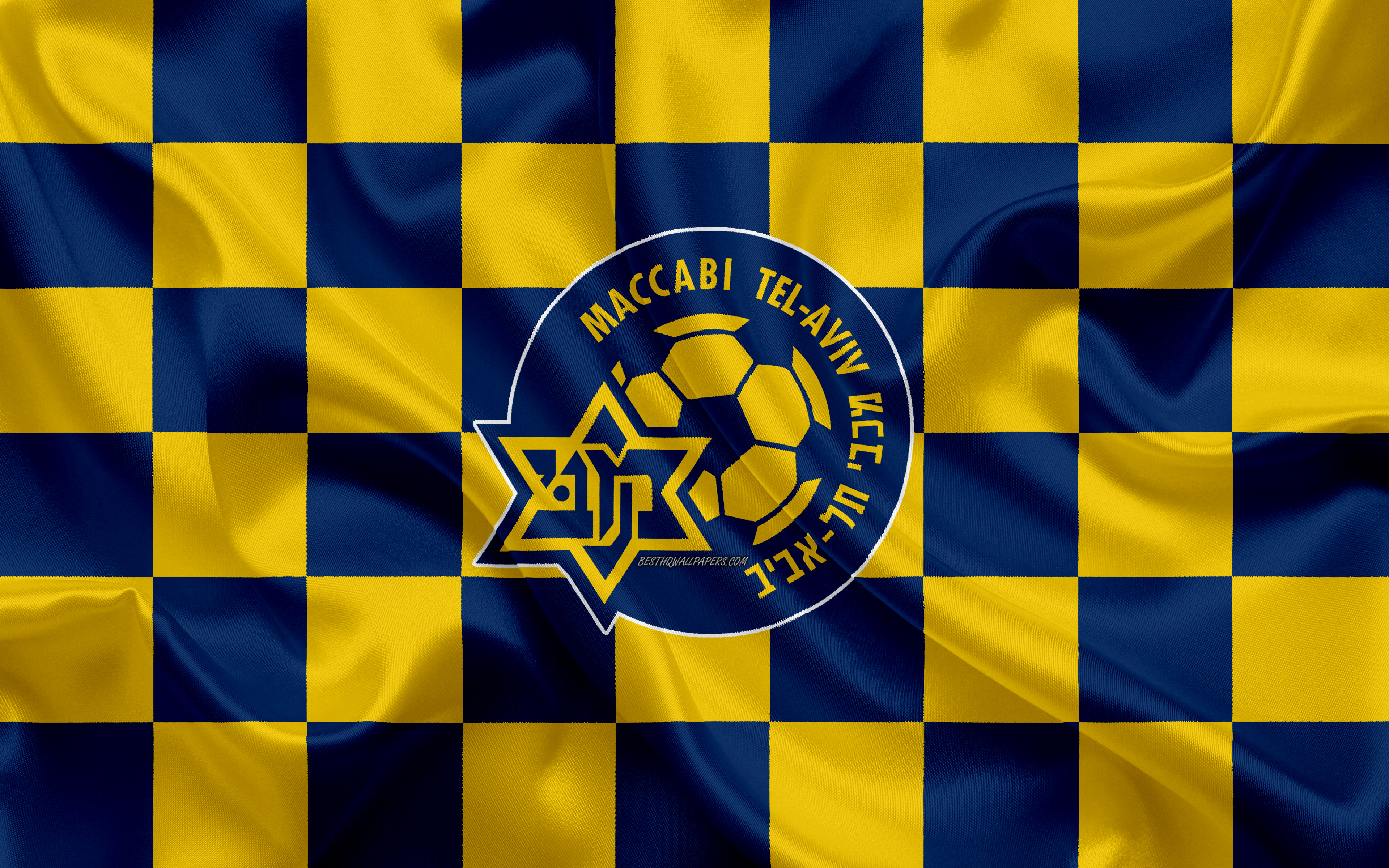 Download wallpaper Maccabi Tel Aviv FC, 4k, Israeli Premier League, yellow and blue checkered flag, Israeli football club, silk flag, football, soccer, Maccabi Tel Aviv logo, Israel for desktop with resolution 3840x2400