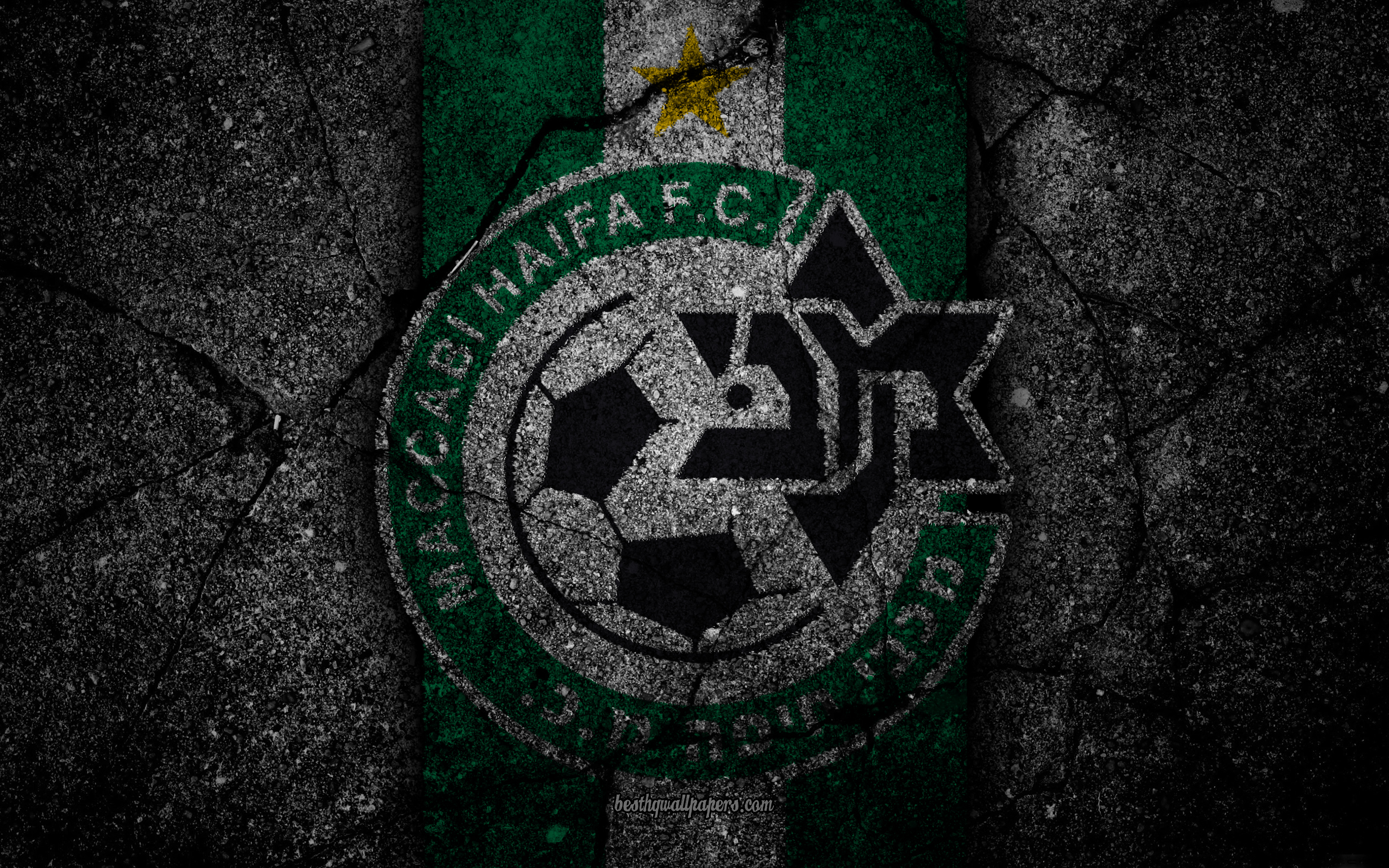 Download wallpaper FC Maccabi Haifa, 4k, Ligat haAl, Israel, black stone, football club, logo, Maccabi Haifa, soccer, asphalt texture, Maccabi Haifa FC for desktop with resolution 3840x2400. High Quality HD picture wallpaper