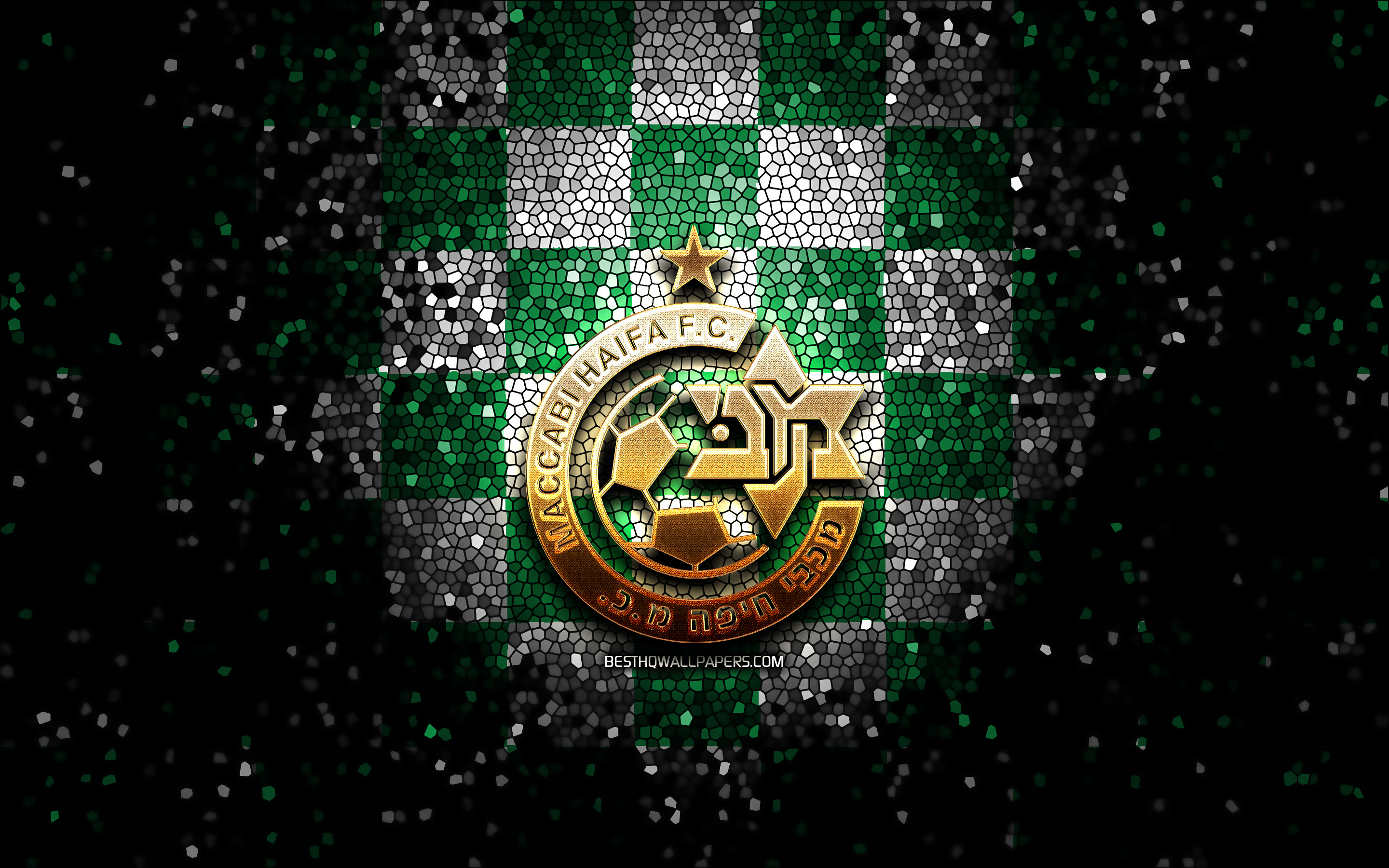 Download wallpaper Maccabi Haifa FC, glitter logo, Ligat ha Al, green white checkered background, soccer, Israeli football club, Maccabi Haifa logo, mosaic art, football, Maccabi Haifa, Israel for desktop with resolution 2880x1800
