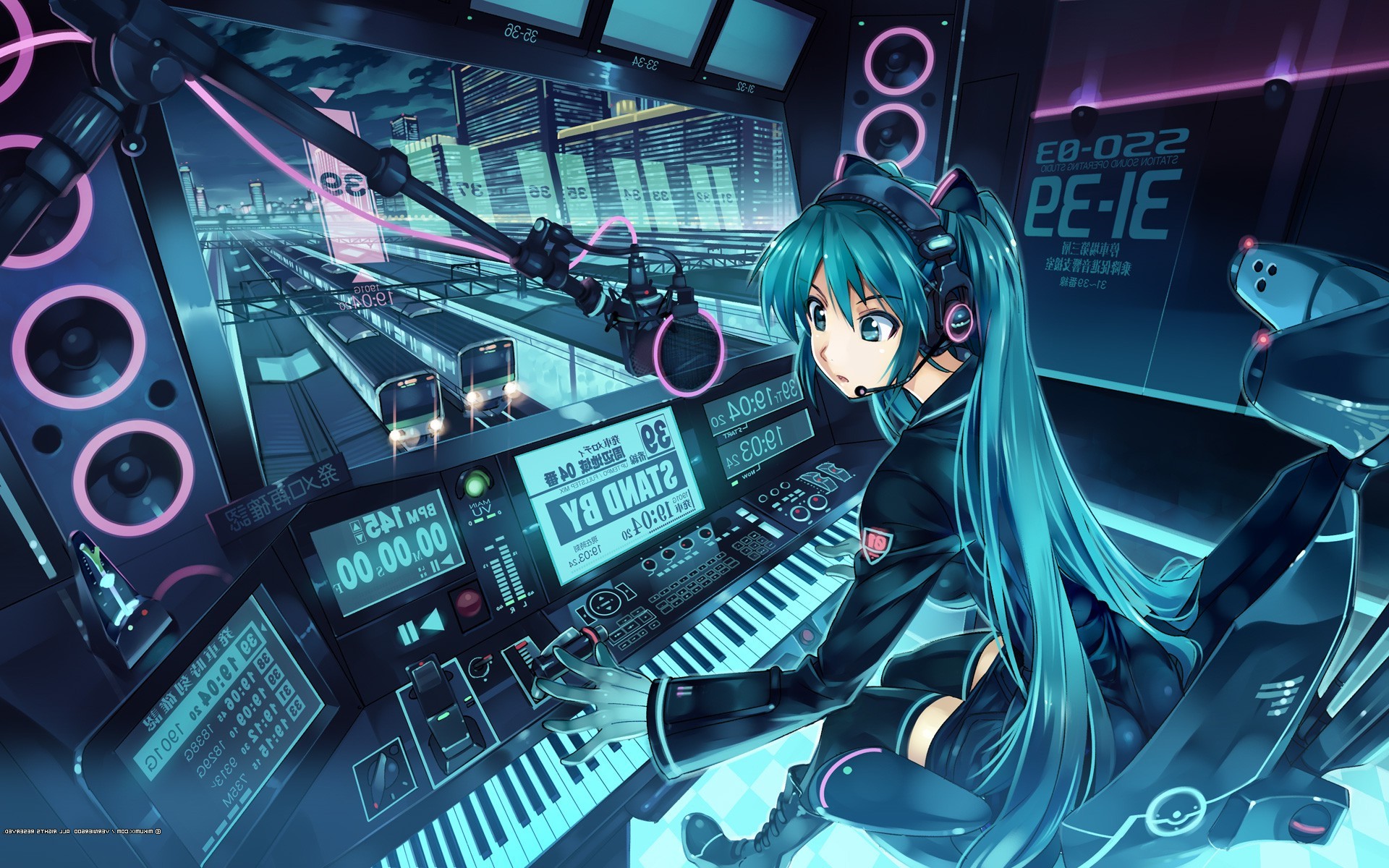 Full HD futuristic hatsune miku train station vocaloid anime girls anime wallpaper