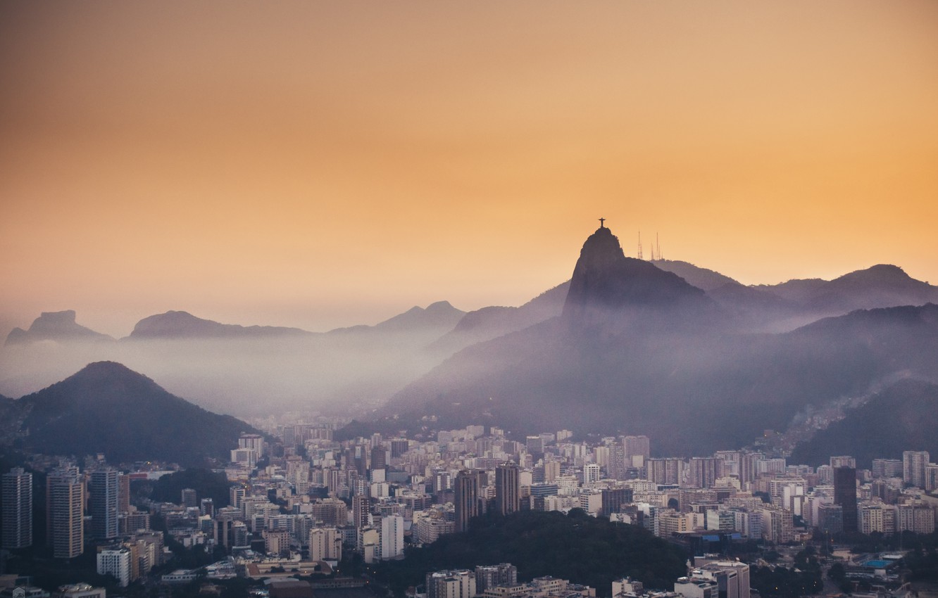 Wallpaper mountains, fog, the evening, Rio de Janeiro, mountains, evening, fog, Rio de Janeiro, Christ, Christ, Corcovado, Corcovado, Botafogo, Botafogo image for desktop, section город