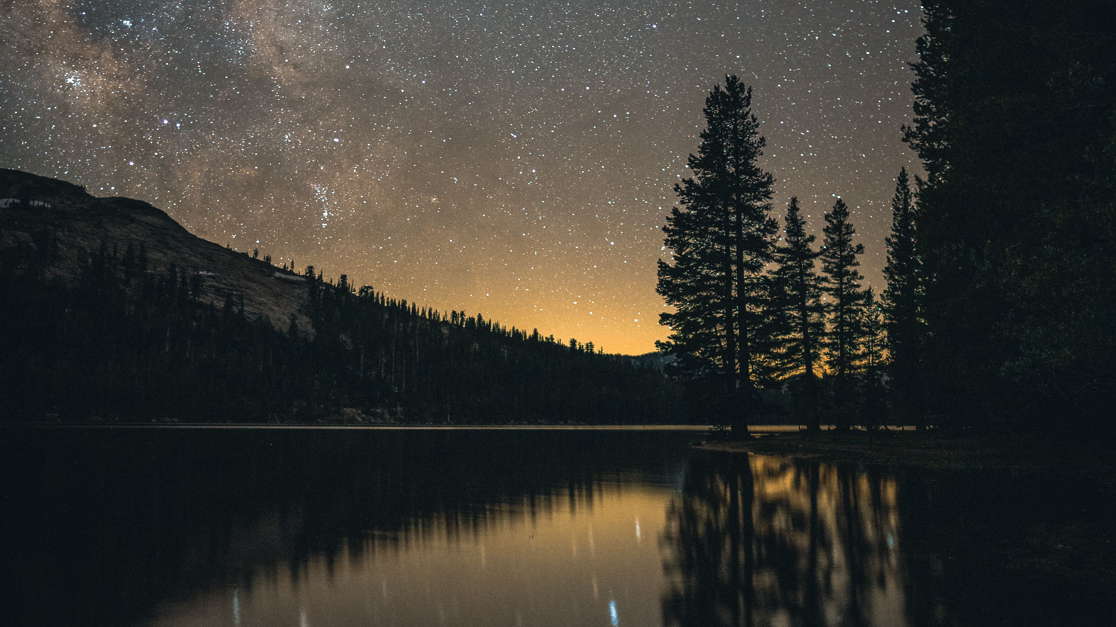 Download wallpaper 3840x2160 lake, night, starry sky, landscape, dark 4k uhd 16:9 HD background
