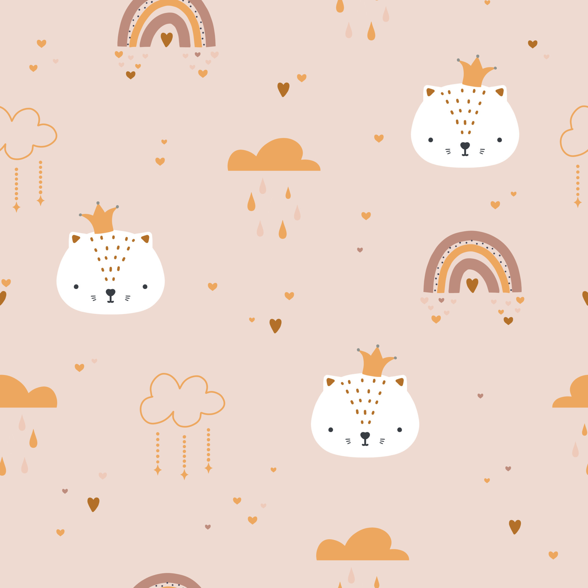 Cute boho rainbow and cat face seamless pattern. Creative childish print for fabric, wrapping, textile, wallpaper, apparel. Vector digital paper