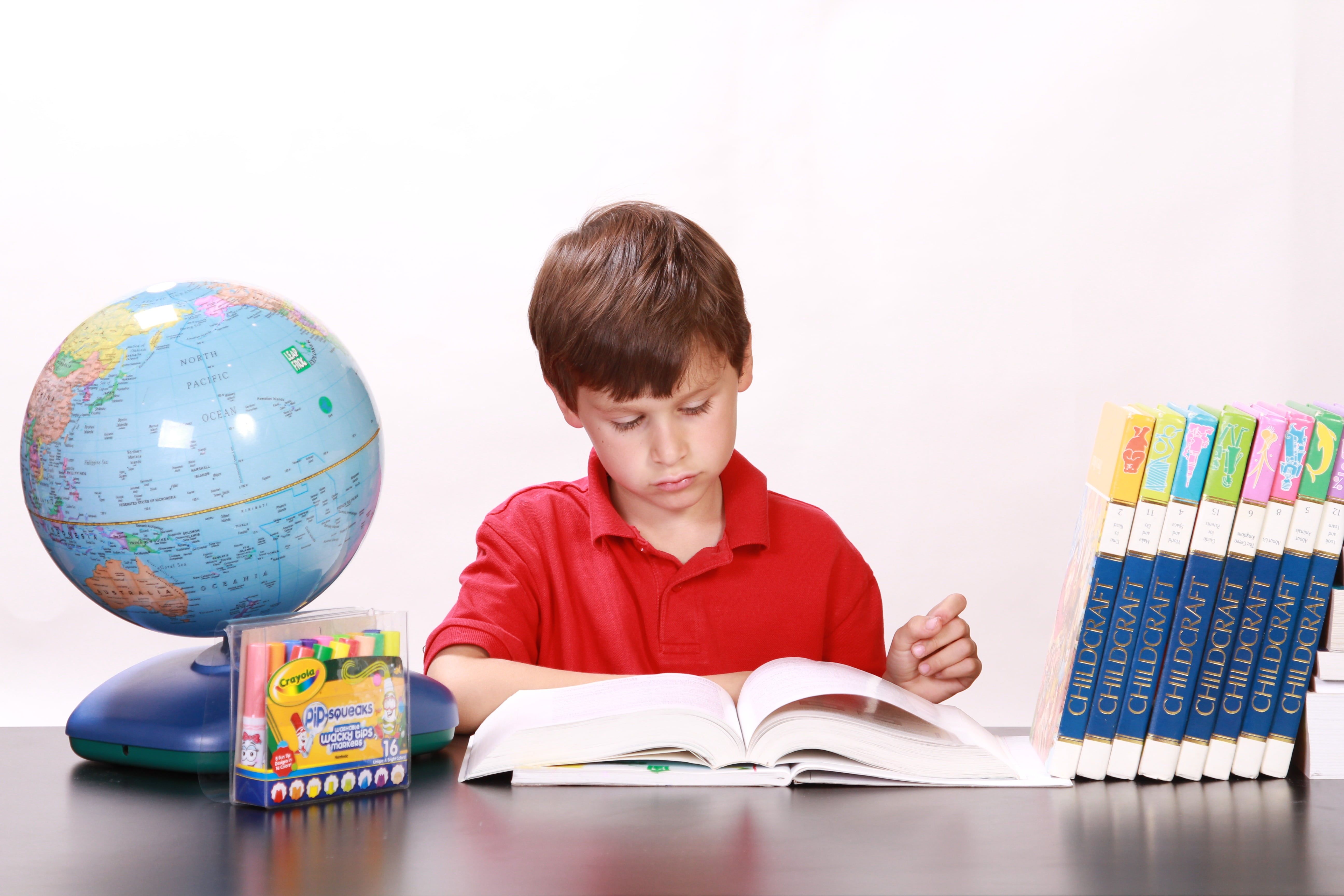 boy wearing red polo shirt reading a book #boy #reading #studying #books #children #young #small #kids. Education, Collaborative learning, Education kindergarten