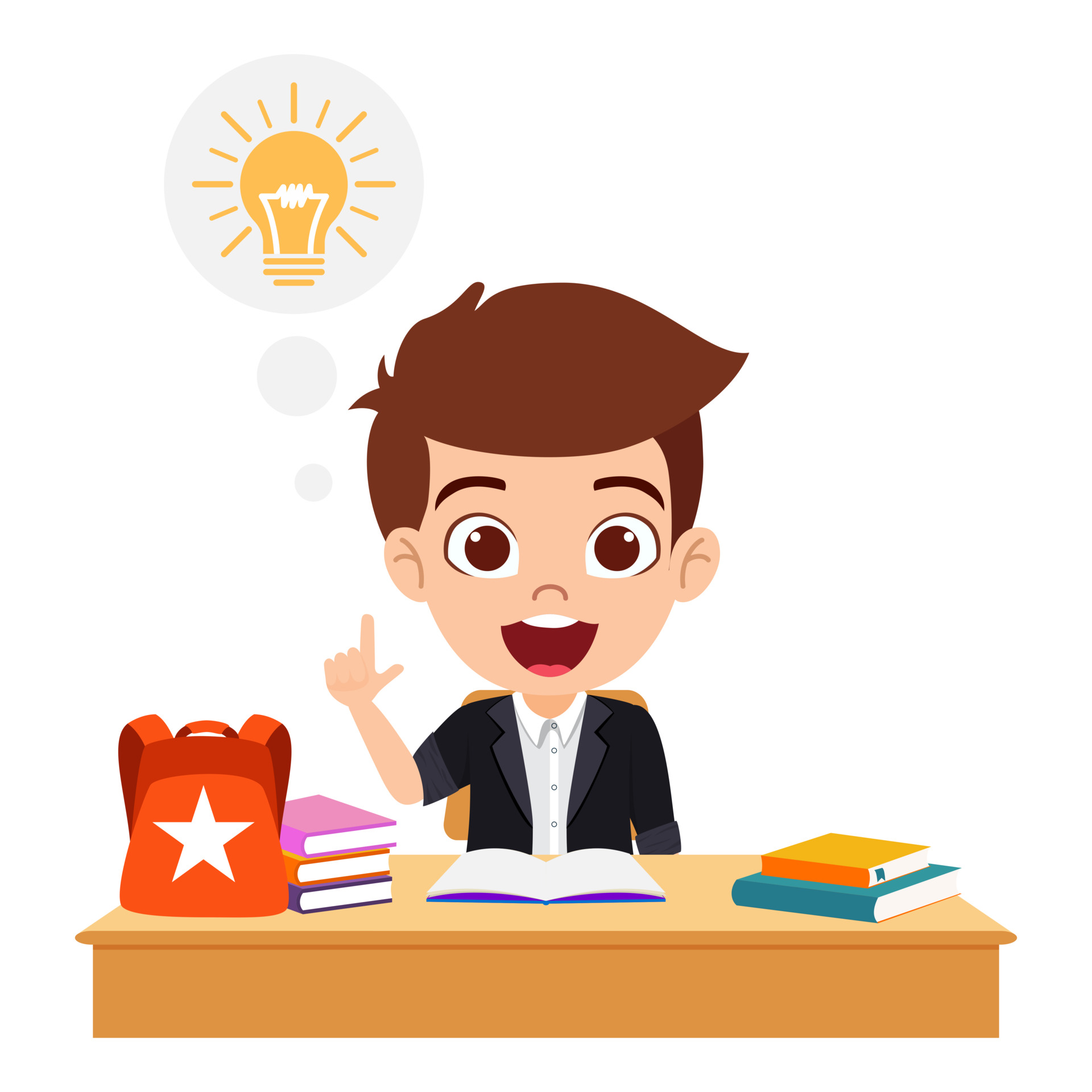 Happy cute kid boy character siting study desk studying with books and bag with idea symbol