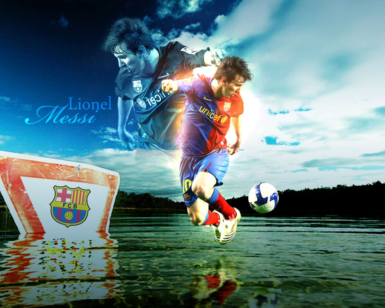 The player of Barcelona Lionel Messi dribbling Desktop wallpaper 1280x1024
