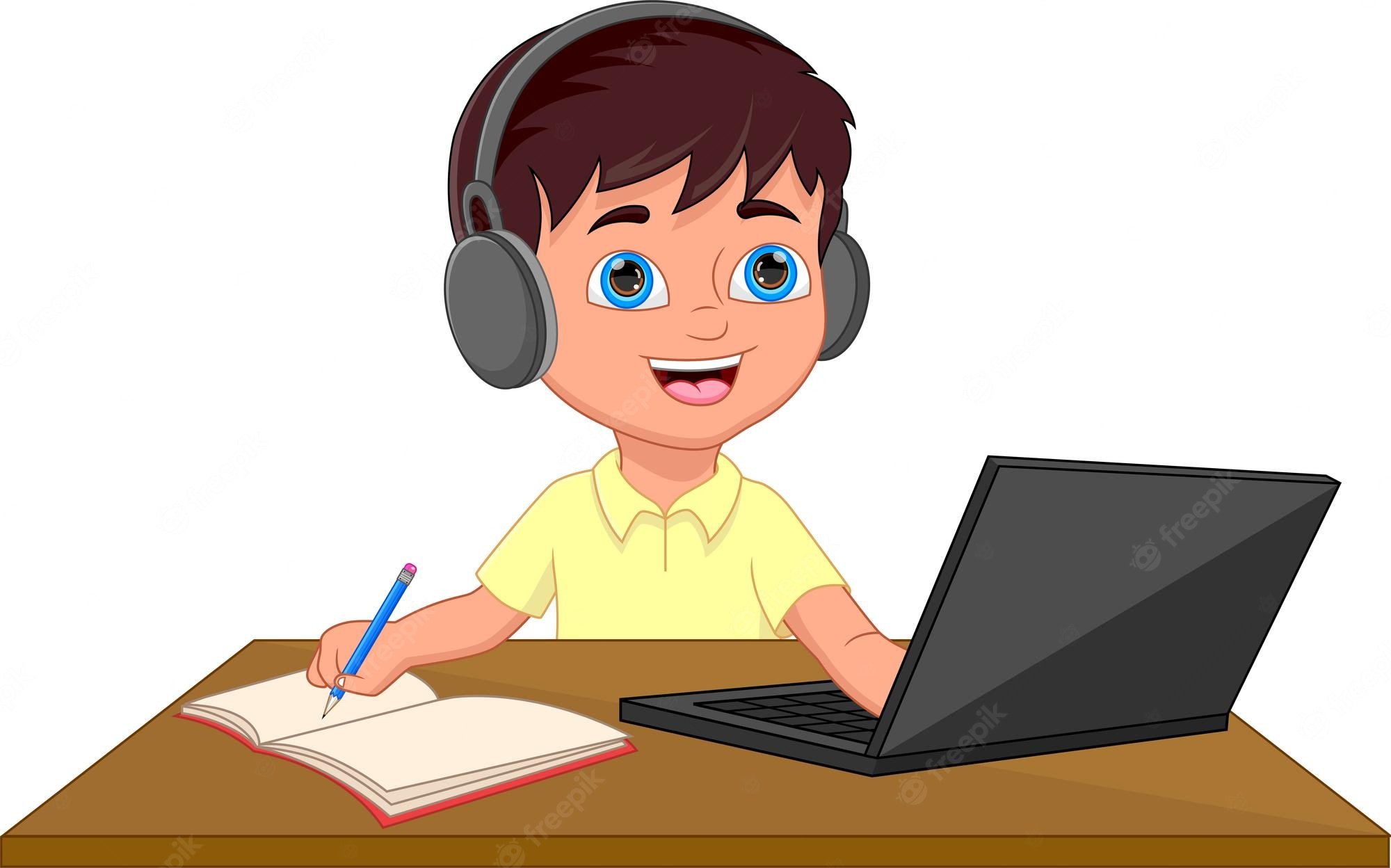 Premium Vector. Schoolboy studying in front of a laptop