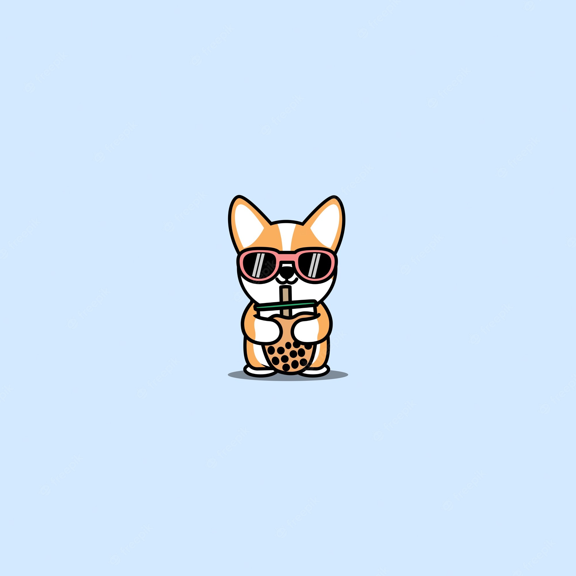 Premium Vector. Cute welsh corgi dog with sunglasses drinking bubble tea cartoon