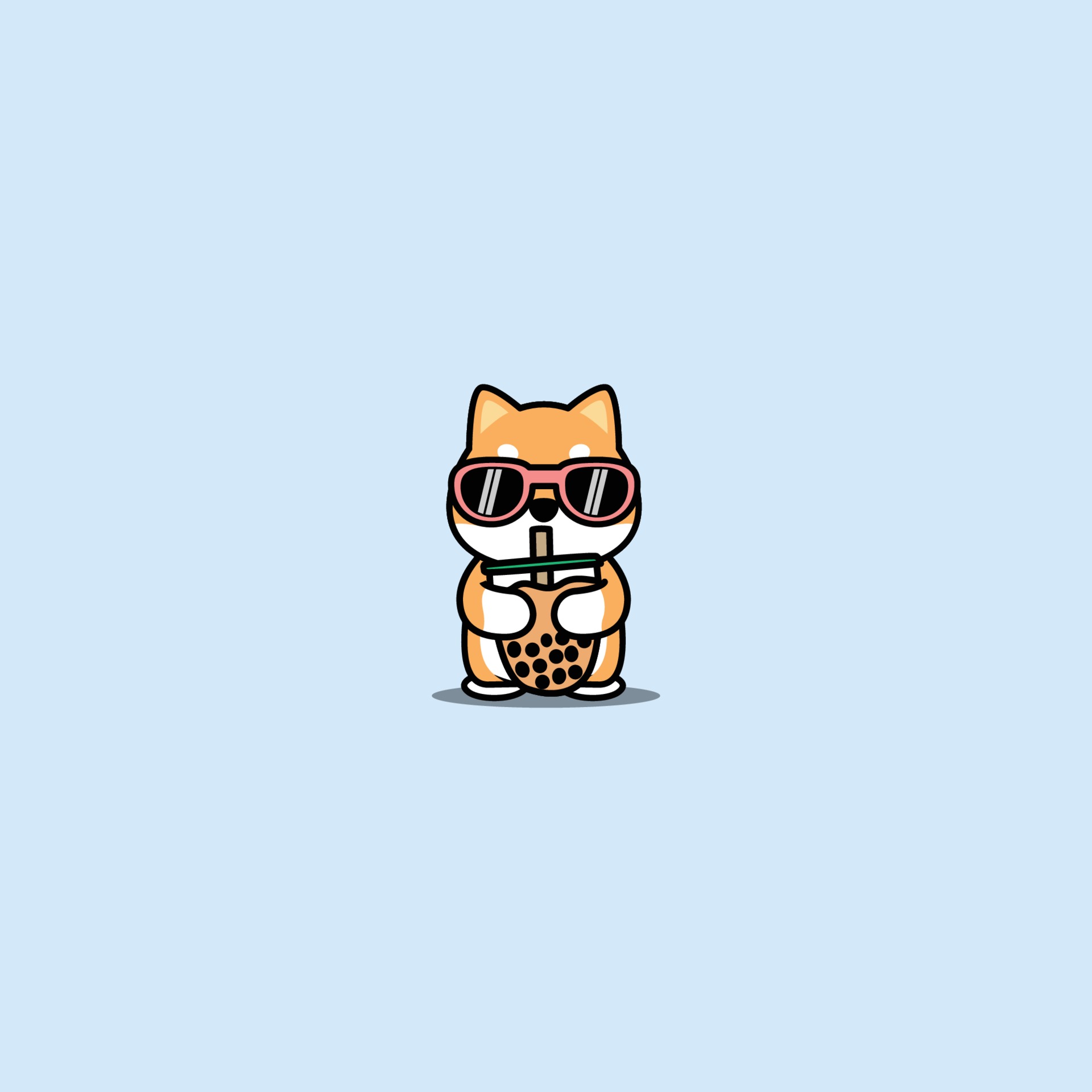 Cute shiba inu dog with sunglasses drinking bubble tea cartoon, vector illustration