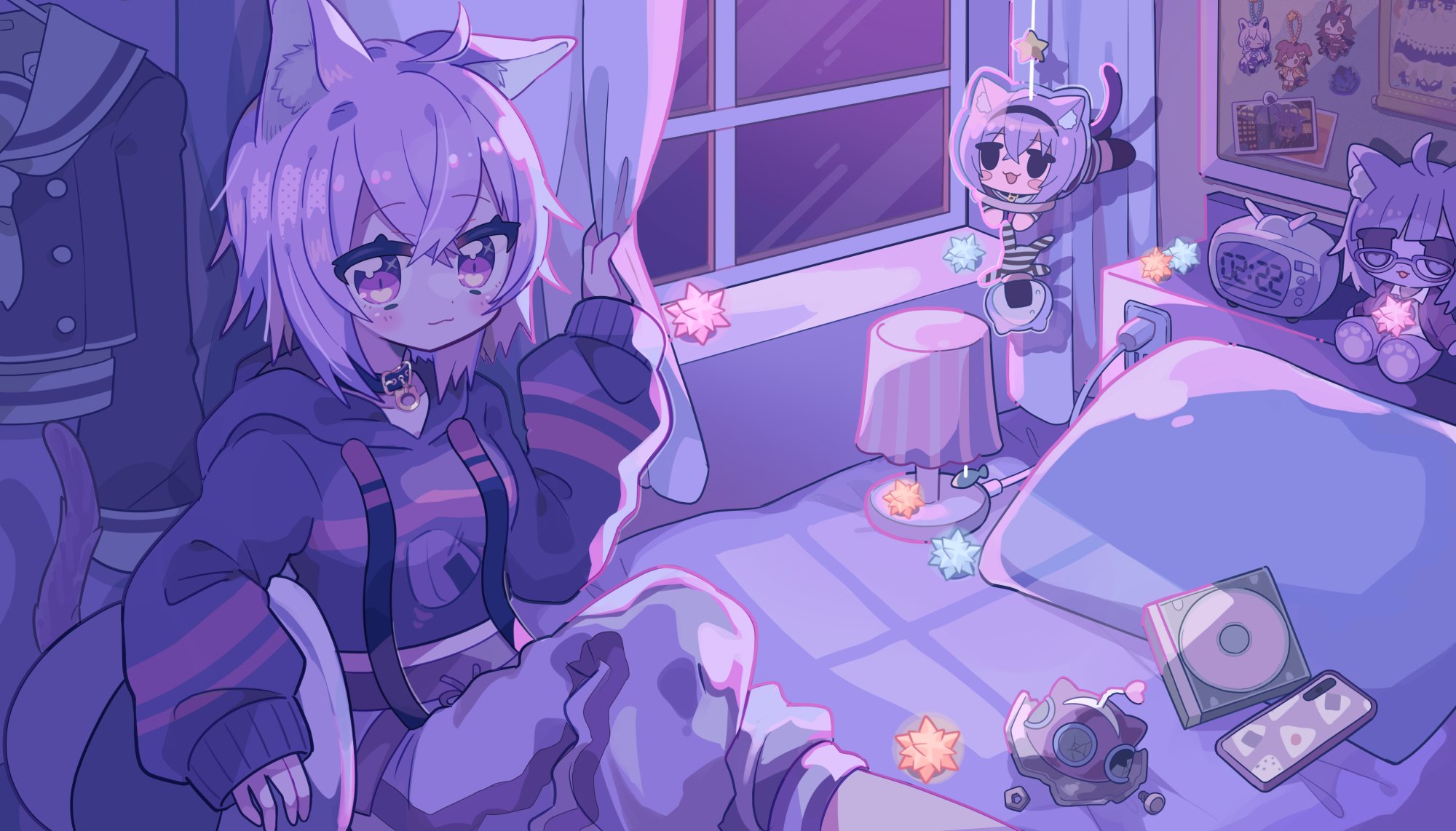 Nekomata Okayu Hololive Virtual Youtuber Purple Hoodie Room Cat Girl Anime Anime Girls Animal Ears Wallpaper:2000x1142