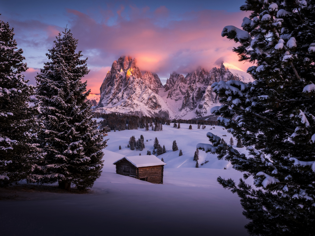 Wallpaper winter, cabin, landscape, nature, dawn, mountains desktop wallpaper, HD image, picture, background, d7386c