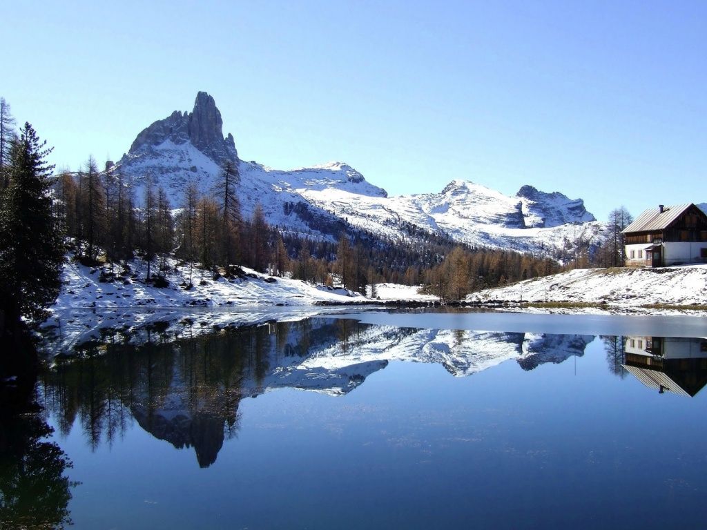 Cabin Snow Mountains Trees Sea wallpaper. Winter landscape, Mountain wallpaper, Landscape