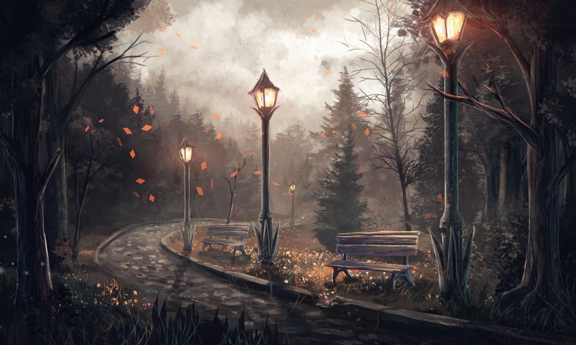Pictorial art Street lights Fir Bench Pavement Fantasy Nature autumn wallpaperx1200
