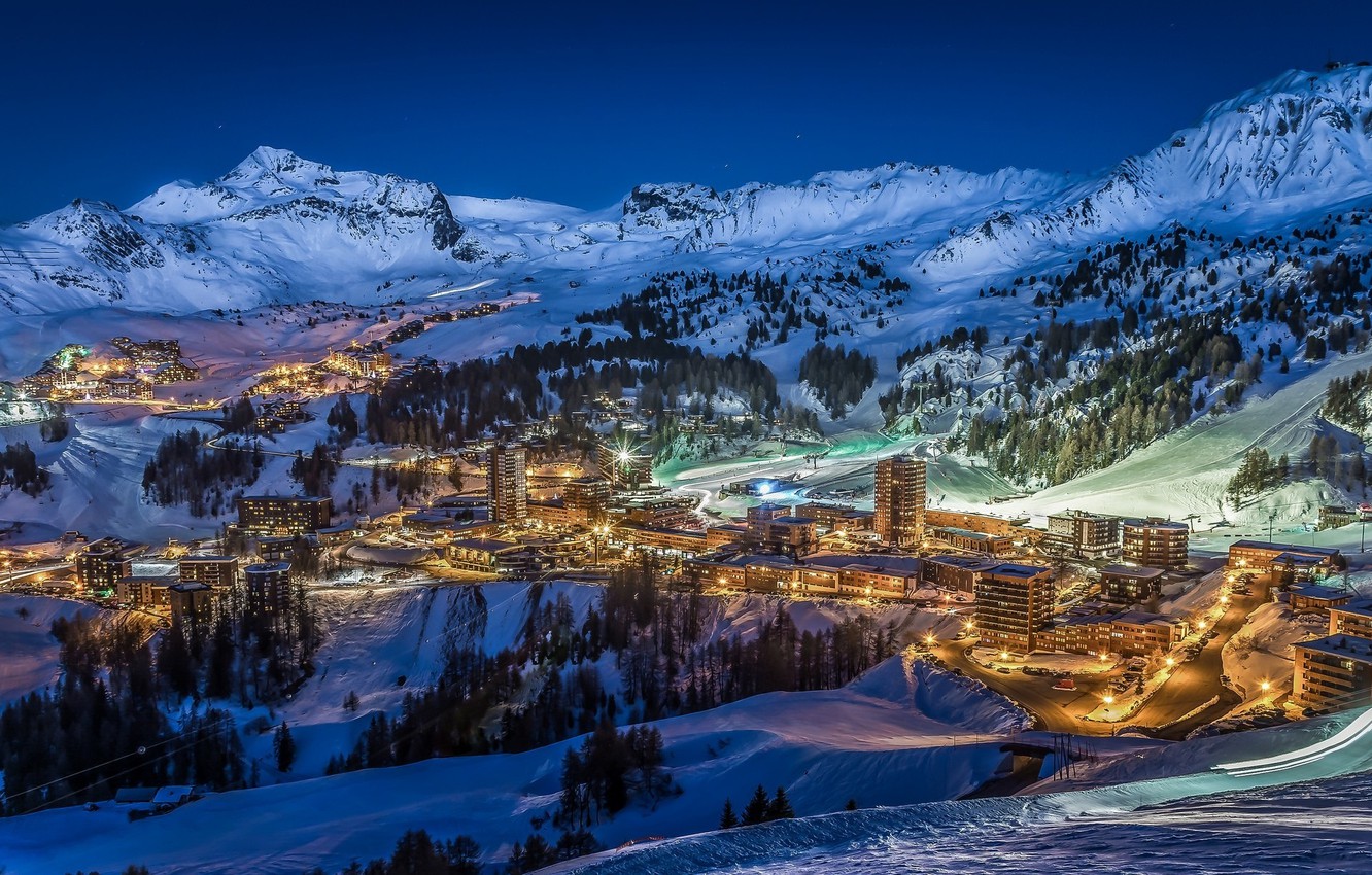 Wallpaper winter, landscape, mountains, night, the city, lights image for desktop, section город