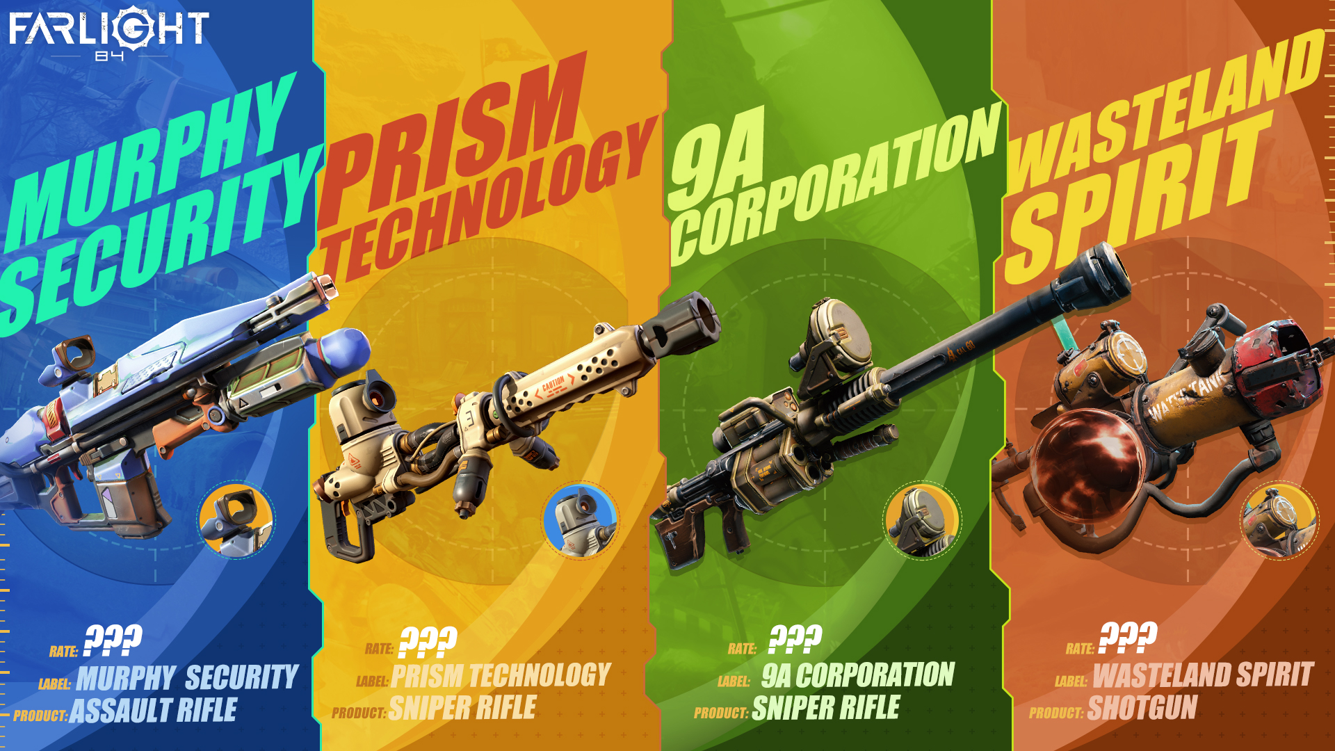 Farlight 84 - ⁉️DECLASSIFIED: The Big Four Weapon Manufacturers, Exposed! Wasteland Spirit: Bang for the Buck Murphy Security: Hire, Buy, or Die Prism Tech: Everything Else is Trash 9A Corp: Quality