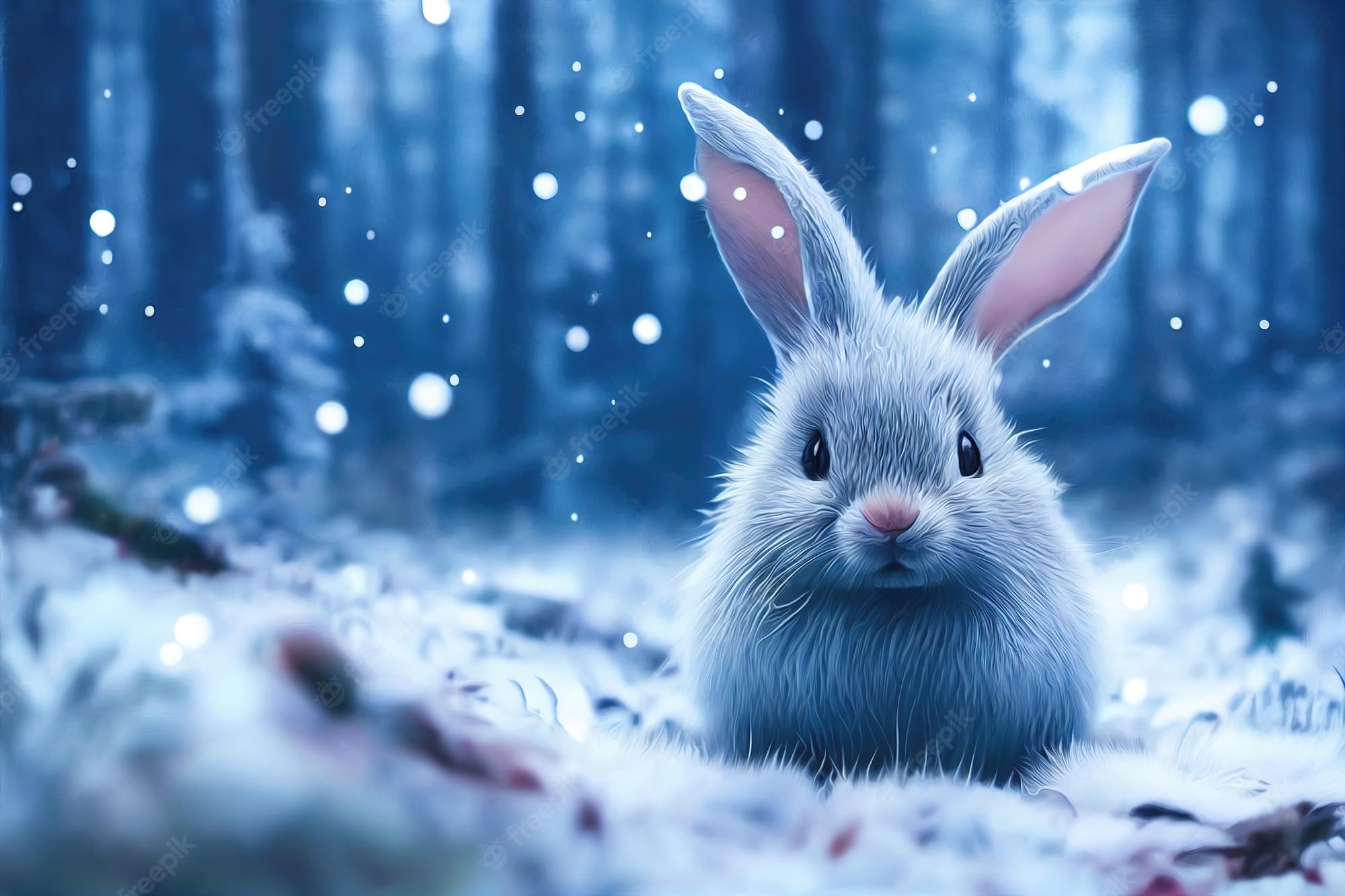 Premium Photo. Rabbit in the winter forest christmas background