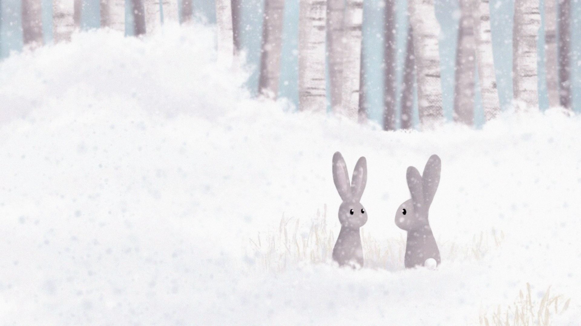 Download wallpaper 1920x1080 hares, forest, snow, winter, art full hd, hdtv, fhd, 1080p HD background