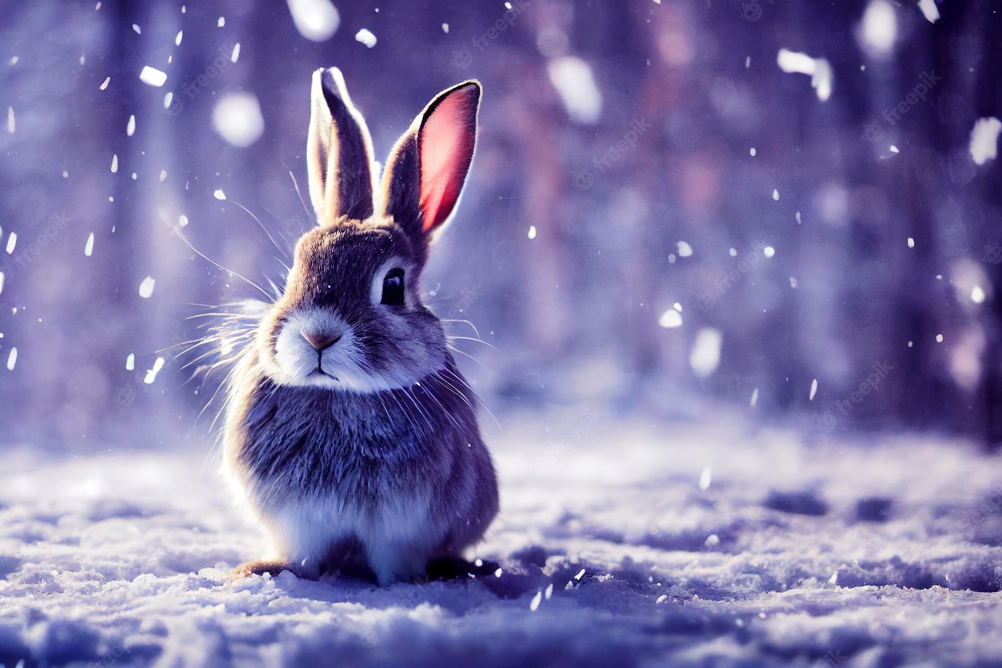 Premium Photo. Cute rabbit on falling snow background 3D illustration