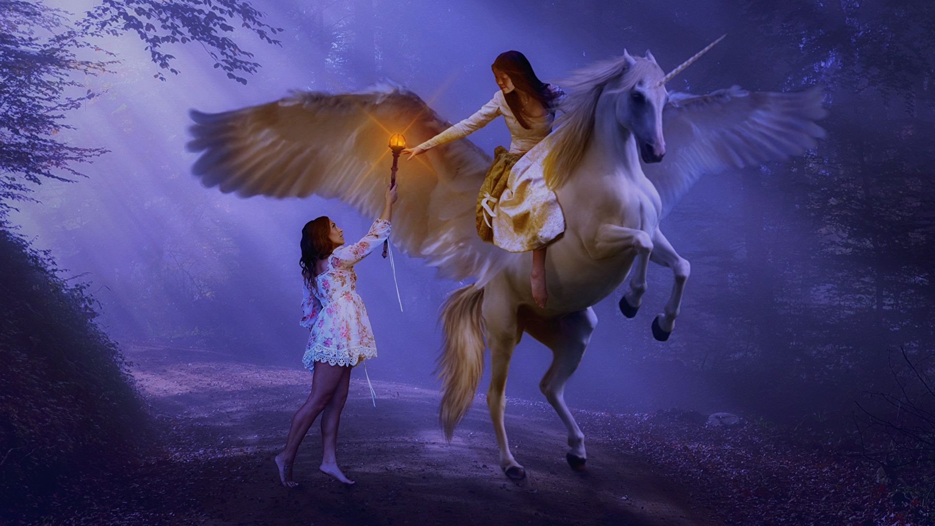 Photo Pegasus Unicorns Mage Staff Wings Fog Girls Fantasy 1920x1080