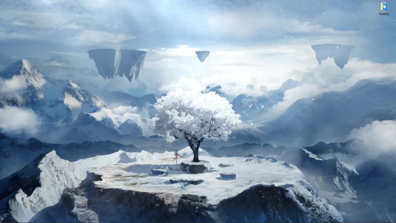 White Sakura In The Snow Capped Mountains With Floating Islands Live Wallpaper On Desktop