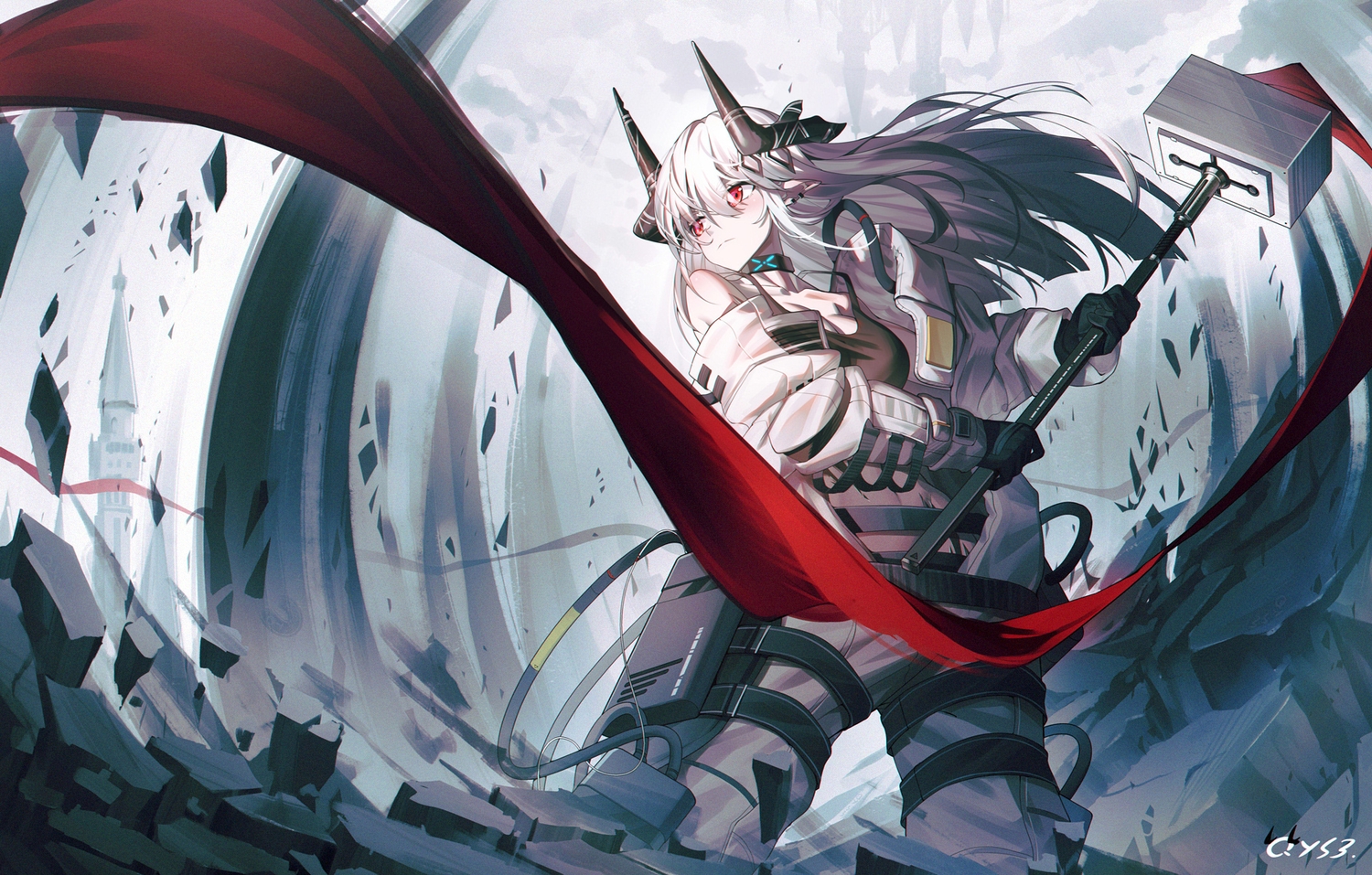 arknights gloves gray hair horns long hair mudrock (arknights) qys3 red eyes signed. konachan.com.com Anime Wallpaper
